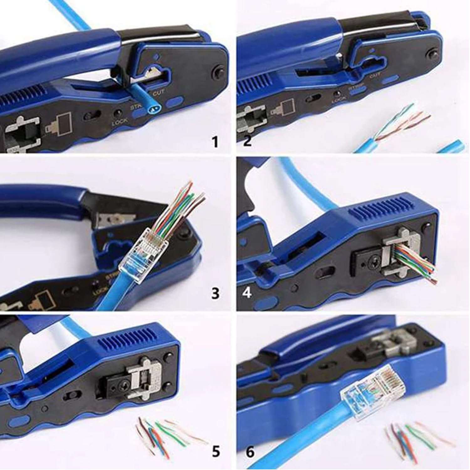 Greluma Kit de herramientas de crimpado RJ45 Pass Through y Cat6 Cat6A Cat5 Cat5e con 20 conectores de paso RJ45 Cat6, 20 cubiertas, 1 comprobador de cable de red, 1 pelacables, 1 cortador