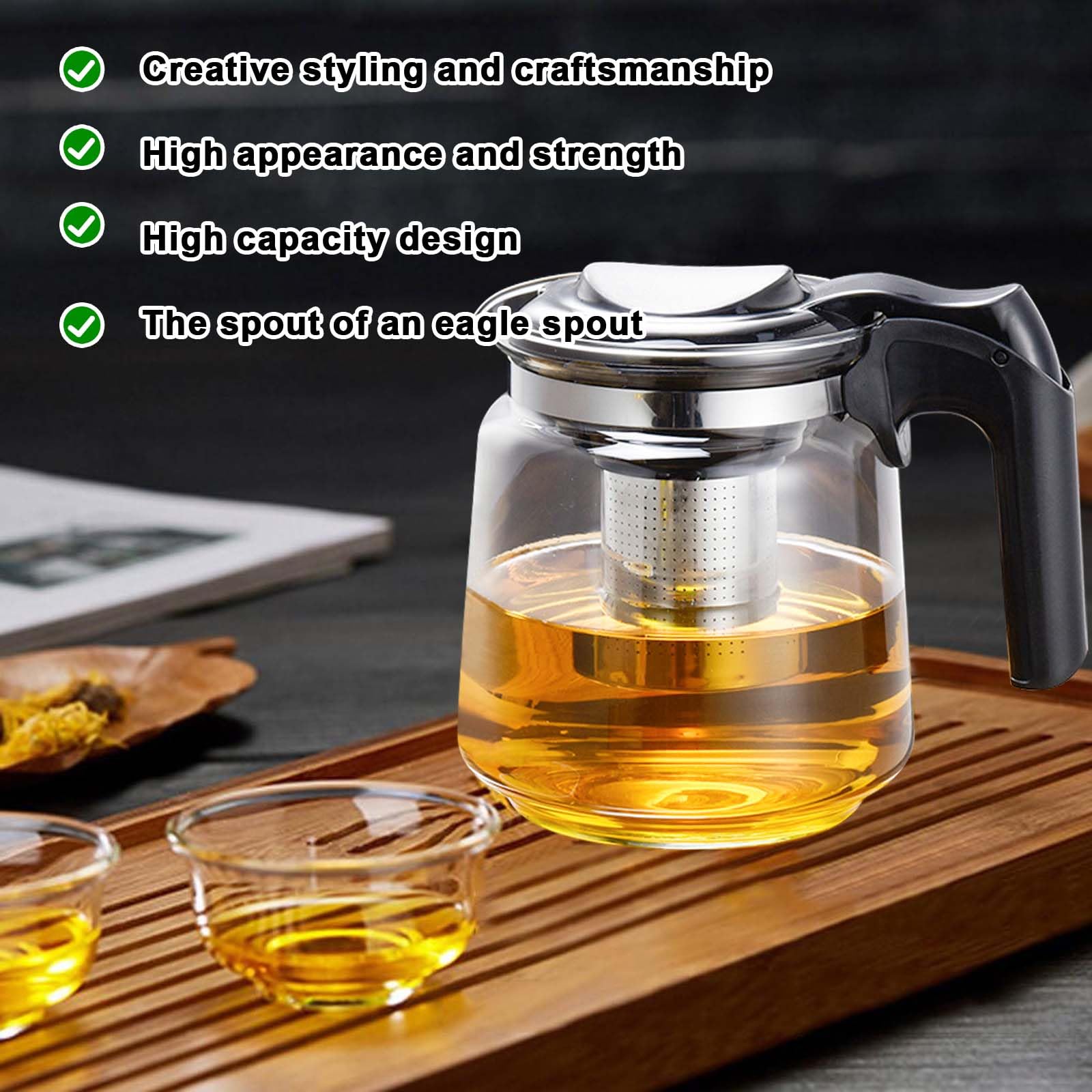 Tetera de vidrio de alta calidad de 1,5 l con tapa y colador, filtro de acero inoxidable, tetera de vidrio para la preparación de tés a granel