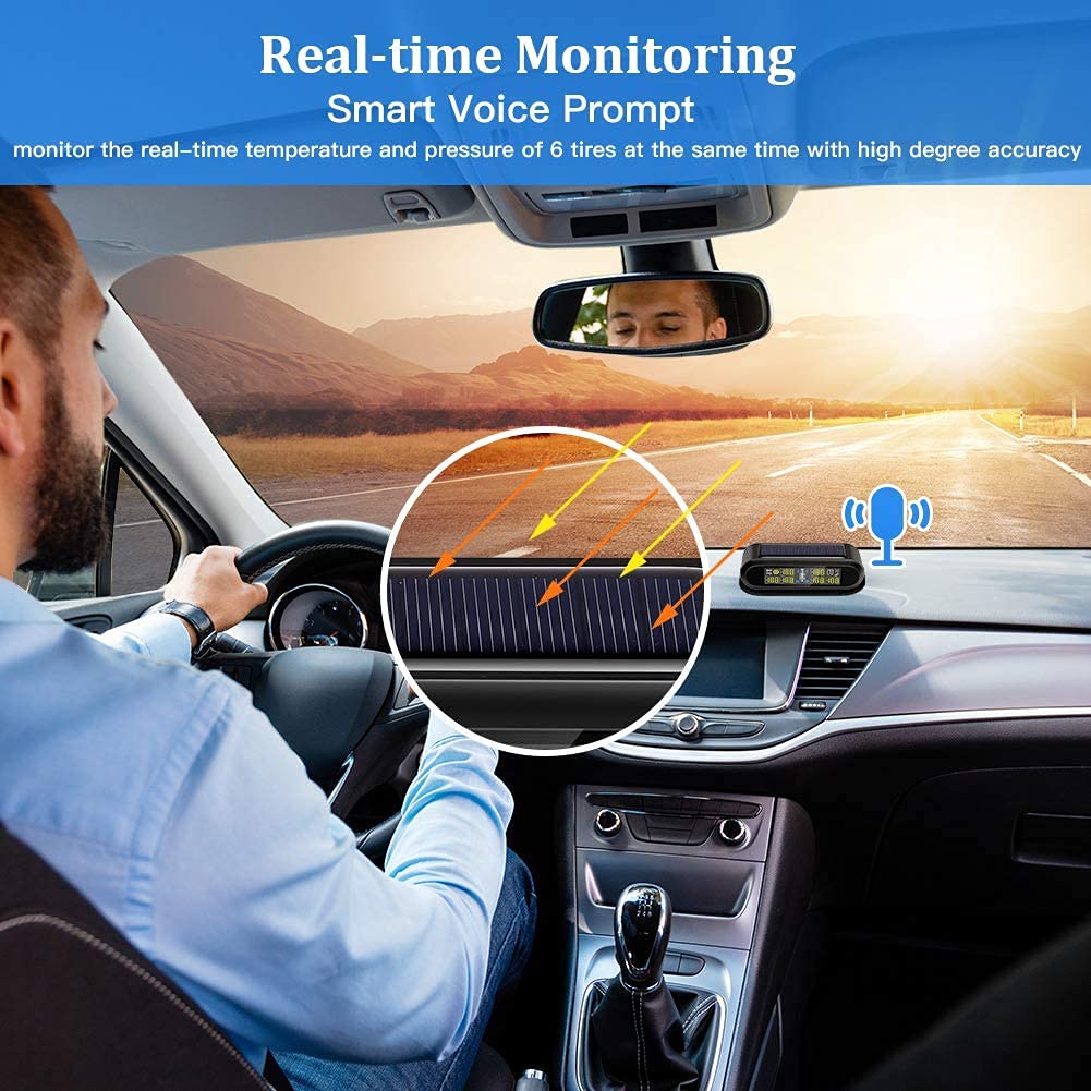 Sistema de monitoreo de presión de neumáticos de TPMS de energía Solar inalámbrica con 6 sensores para 4-6 neumáticos Coche RVs Camión Remolque Muestra en Tiempo Real Presión y Temperatura
