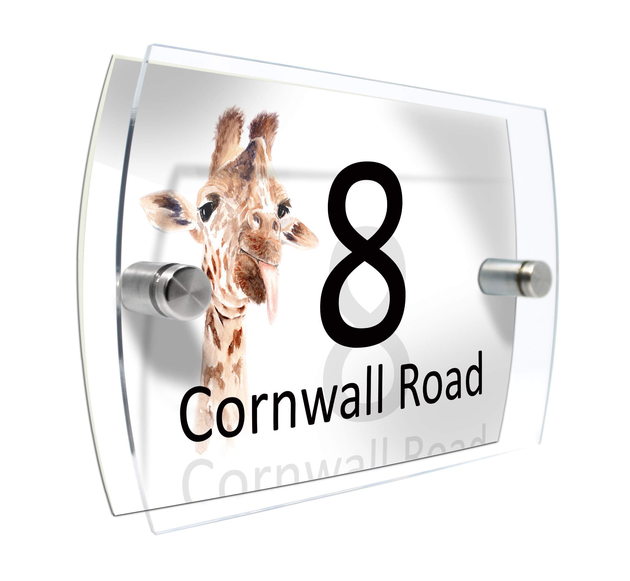 Colourbat Giraffe Tongue Watercolour Animals Personalised Modern House Number Sign Name And Number Street Wall Plaque (Giraffe Tongue)