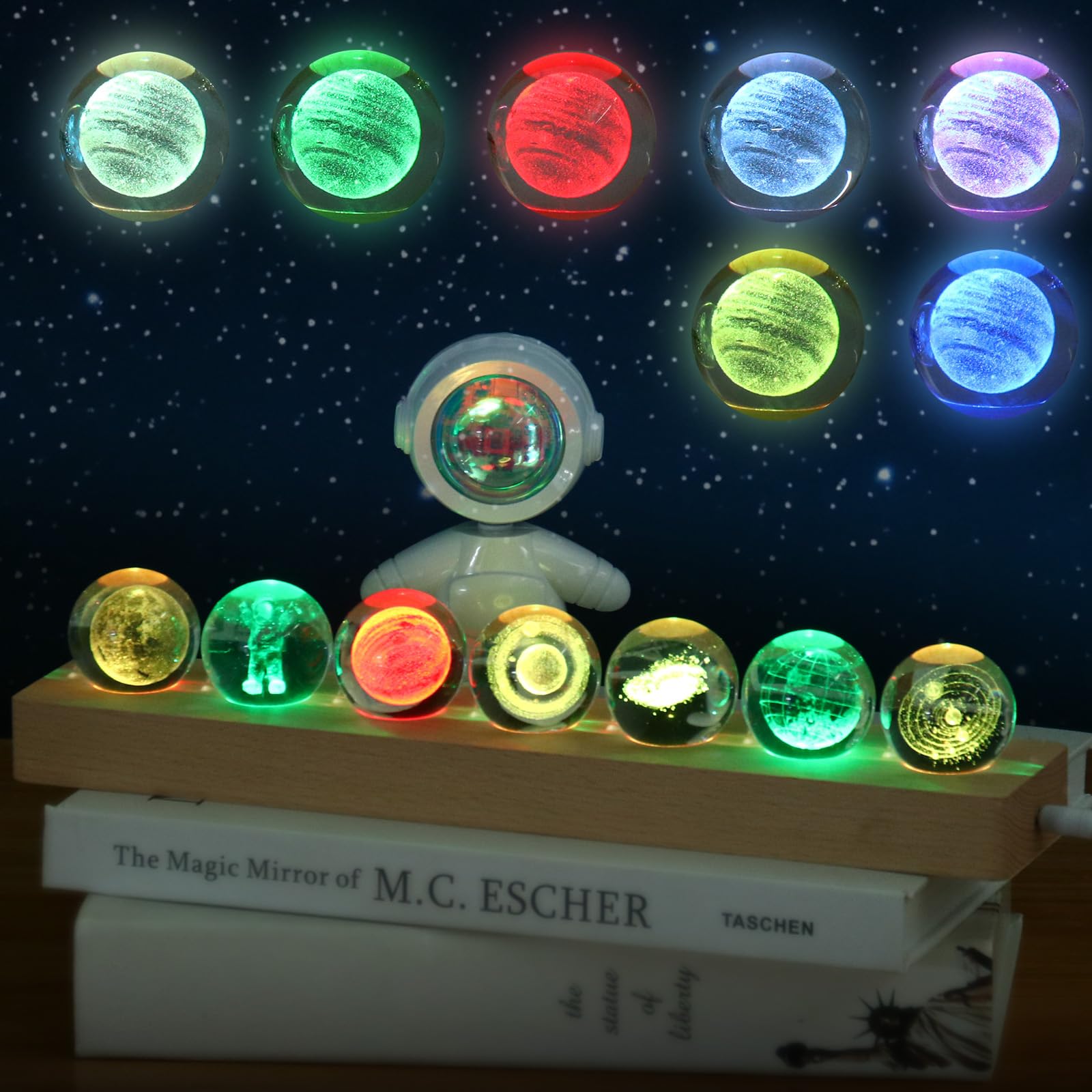 OXYEFEI Lámpara de planeta 3D, 7 patrones diferentes de bola de cristal, luz nocturna para decoración de habitaciones, bola de cristal de 40 mm con base de madera, regalo astronómico para madre, niños