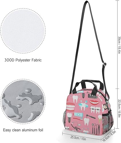 Miniatura 2 de Lonchera aislada, bolsa de almuerzo pequeña con soporte para botella de agua, correa de hombro ajustable y extraíble, diseño dental sin costuras,