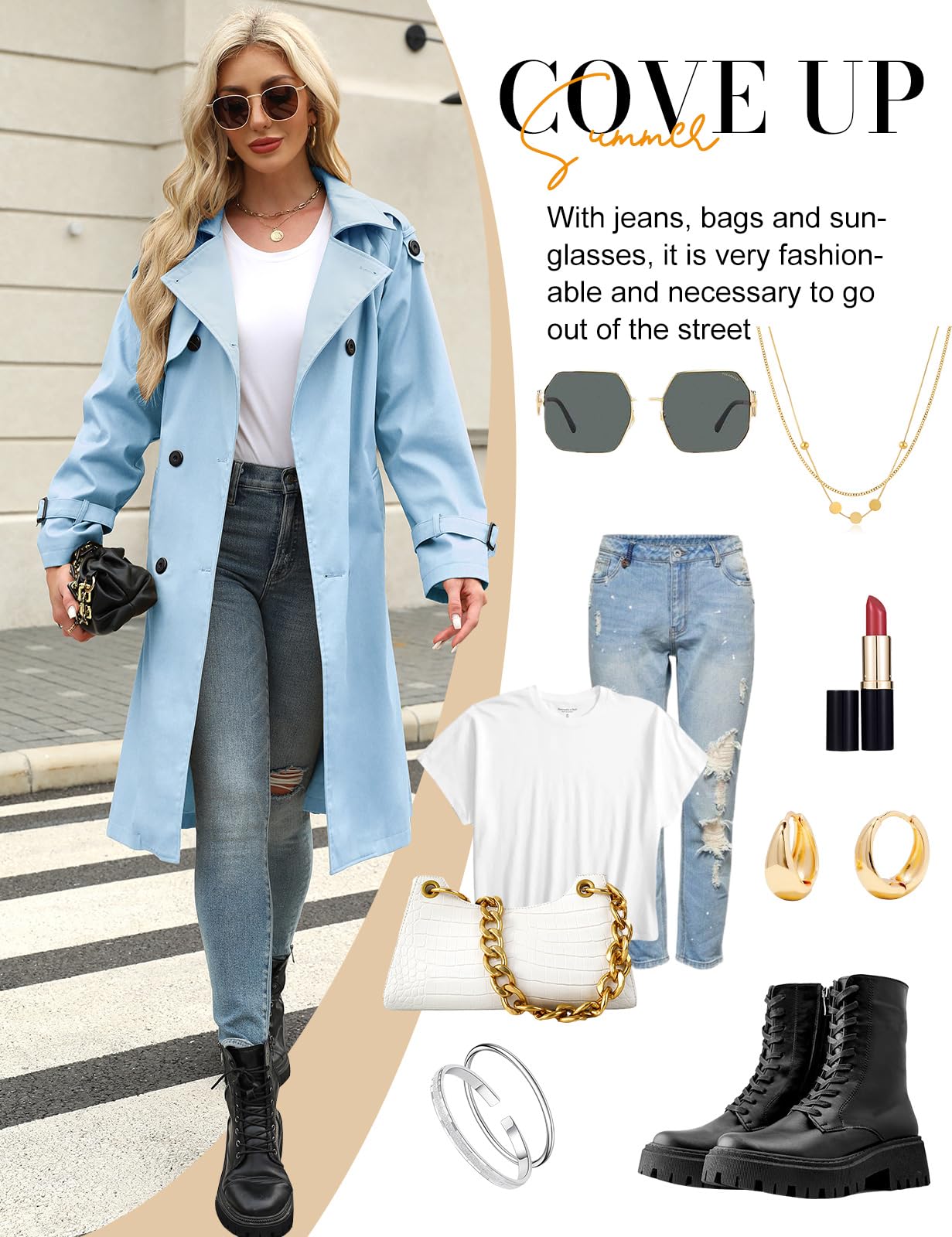 Tuopuda Gabardina para mujer Casual Abrigos con Cinturón Larga Gabardina mujer de Cuello Solapa Clásica Doble Botonadura Cortaviento Trench Chaqueta Primavera Otoño Abrigos