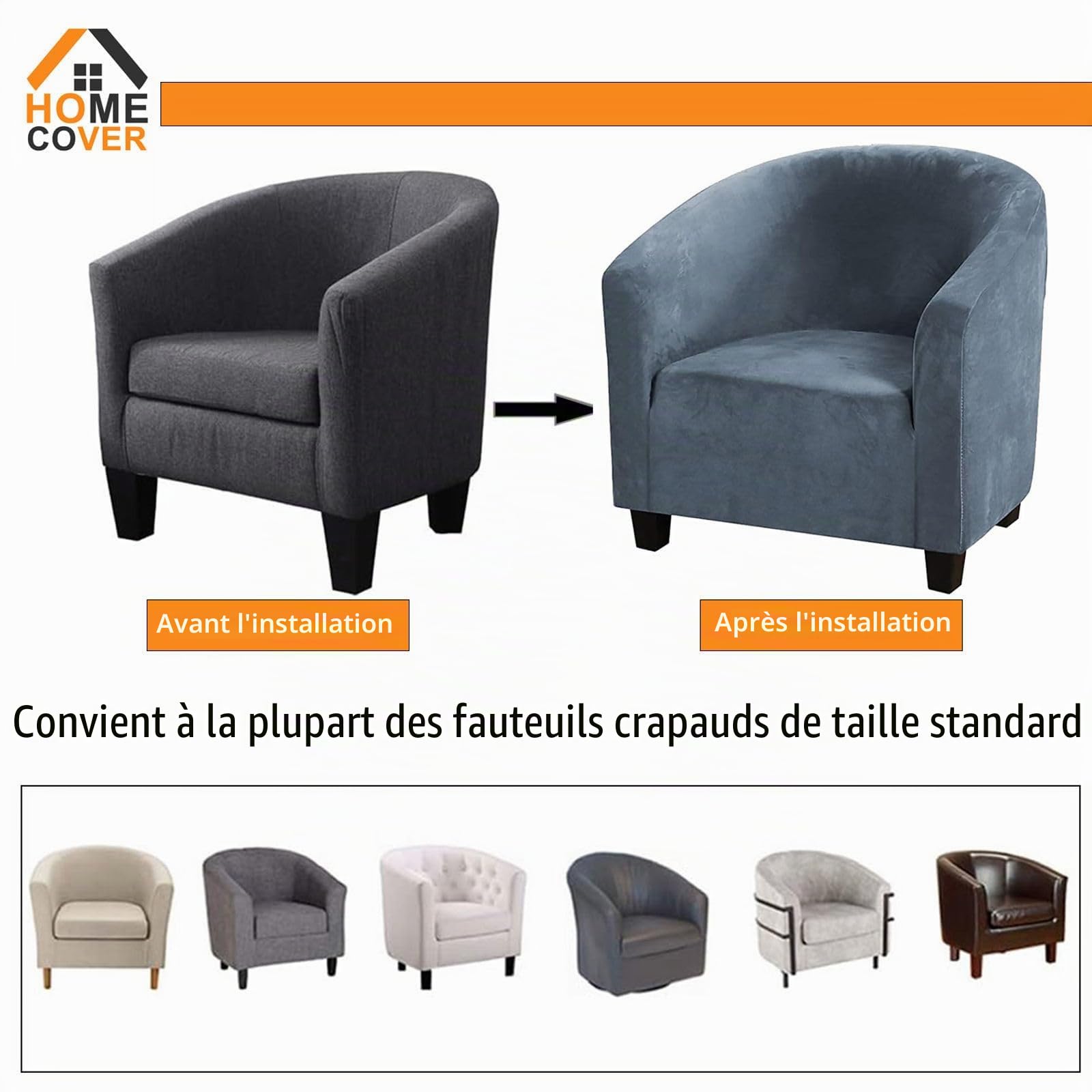 Housse de Fauteuil Club Extensible Housse de Fauteuil Cabriolet Velours Housse de Protection pour Salon Bar-Bleu Gris-Large