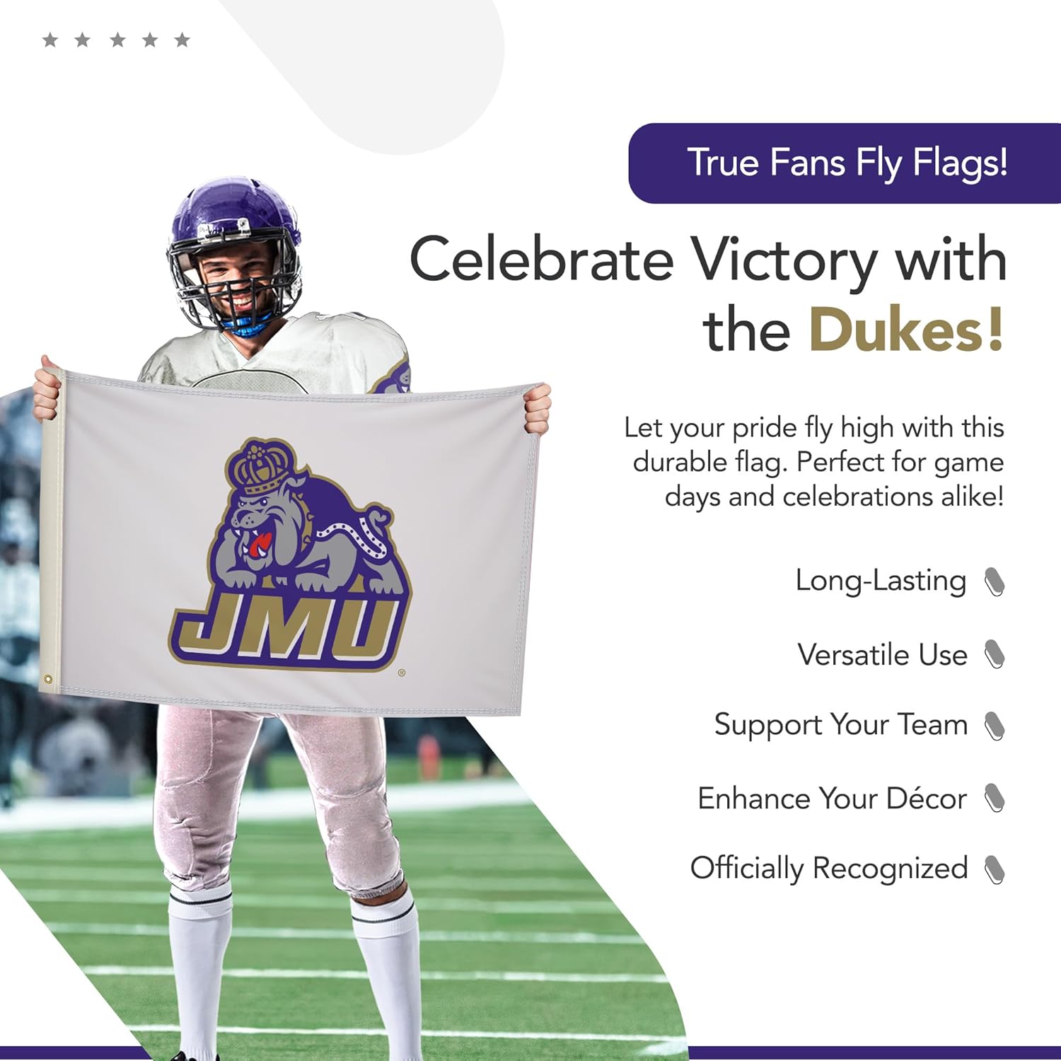 James Madison Dukes College Sports Printed Flag - NCAA Licensed - Nylon - School Banner (White, Gold) (2' x 3') - Image 5
