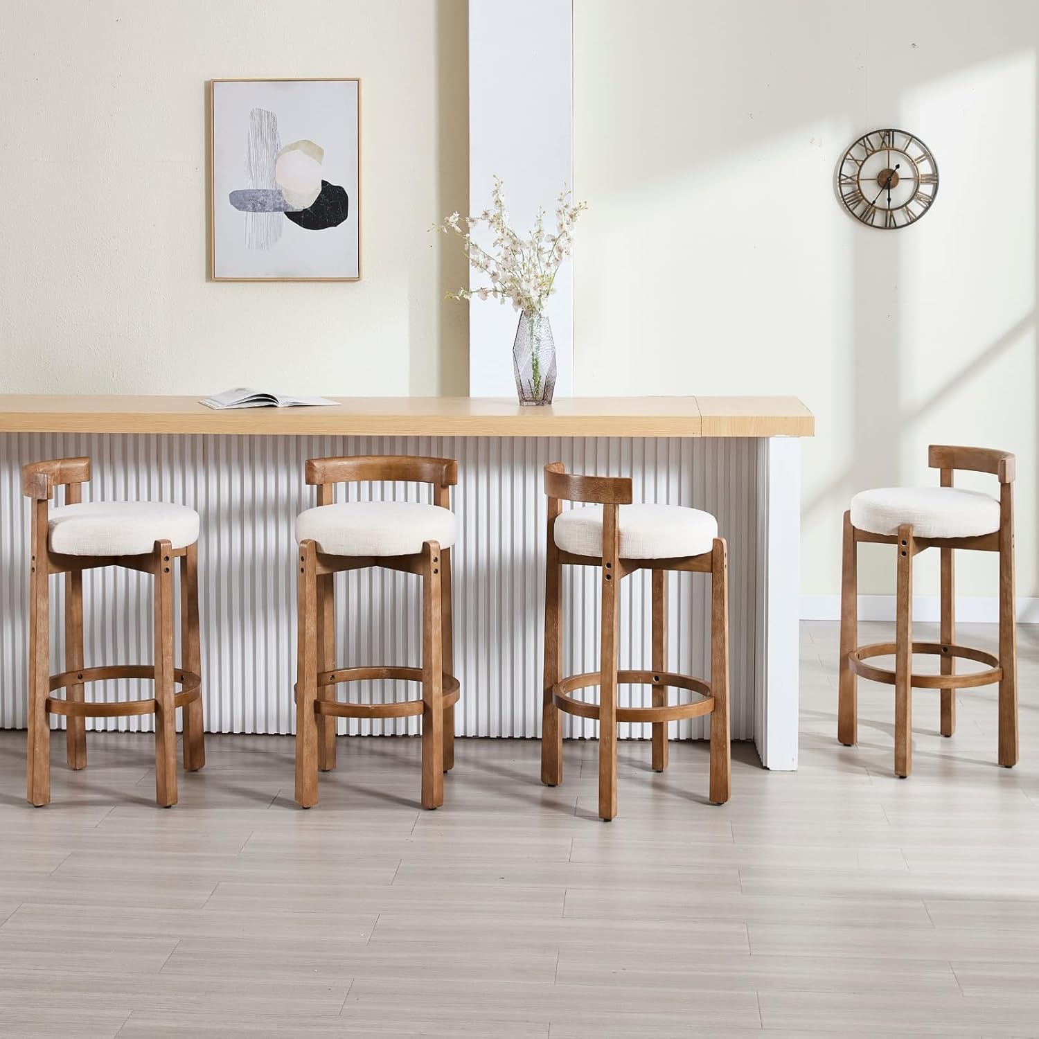 HEAH-YO Linen Bar Stools Set of 4, 30.25" Pub Height Stools with Back, Upholstered Barstools with Solid Wood Legs Tall Bar Chairs for Kitchen Island Dining Room, Beige