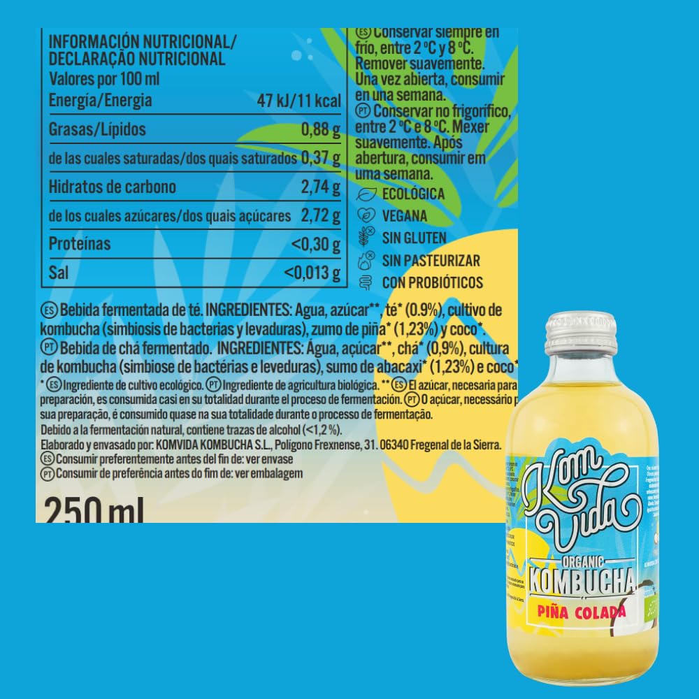 Té kombucha. Komvida. Kit multisabor. 12 botellas de kombucha orgánica. 250 ml. Envío en frío.