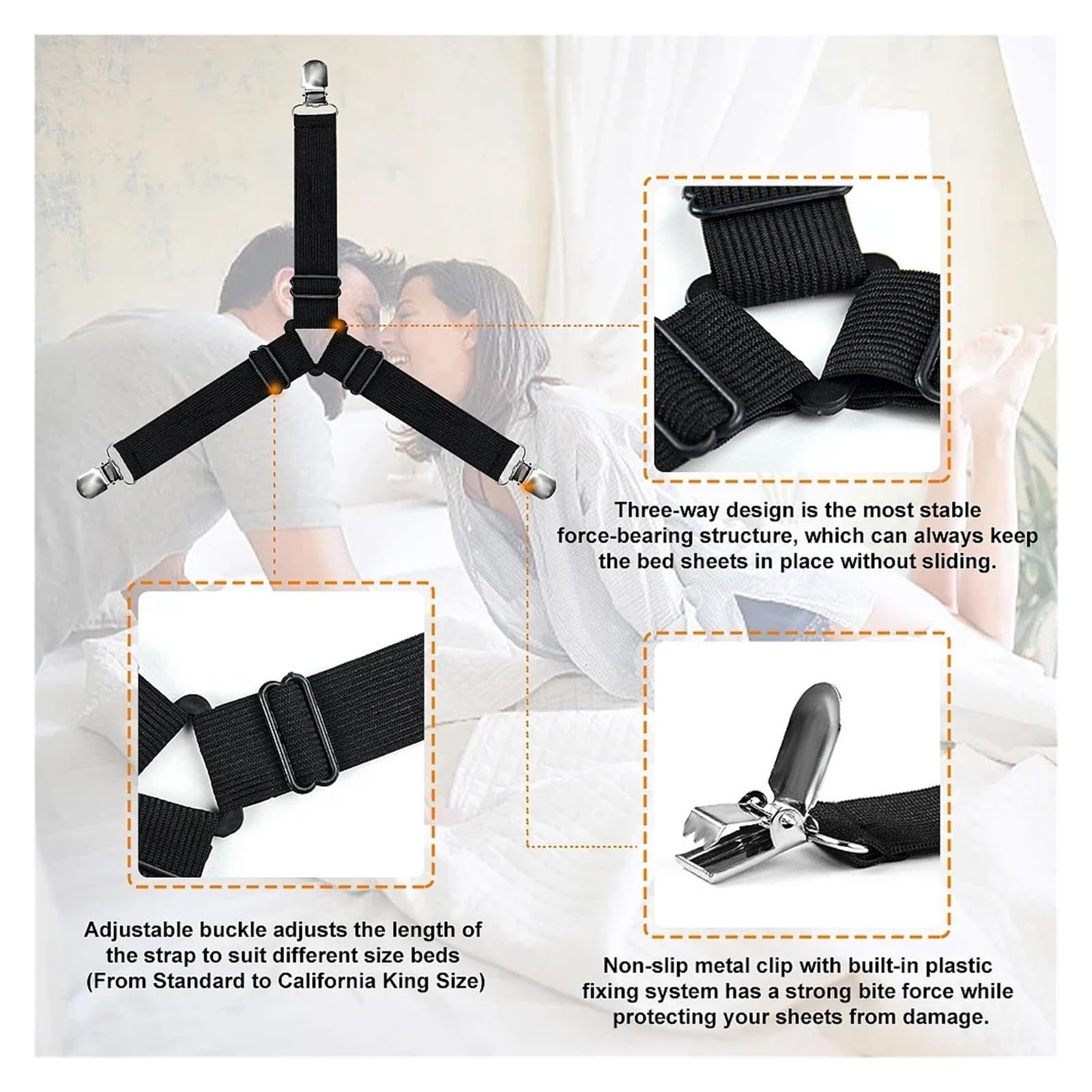 Bettlaken-Greifer, 4er-Pack, Matratzen-Clip-Halter, verstellbar, Schwarz, Weiß(Black)