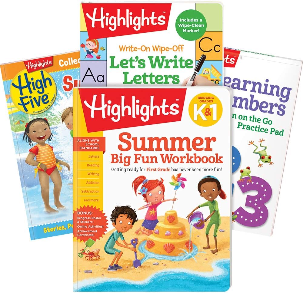 Highlights Learning Summer Pack Grade K-1 - Learning Workbook, Writing Letters, Learning Numbers and High Five Collector's Edition