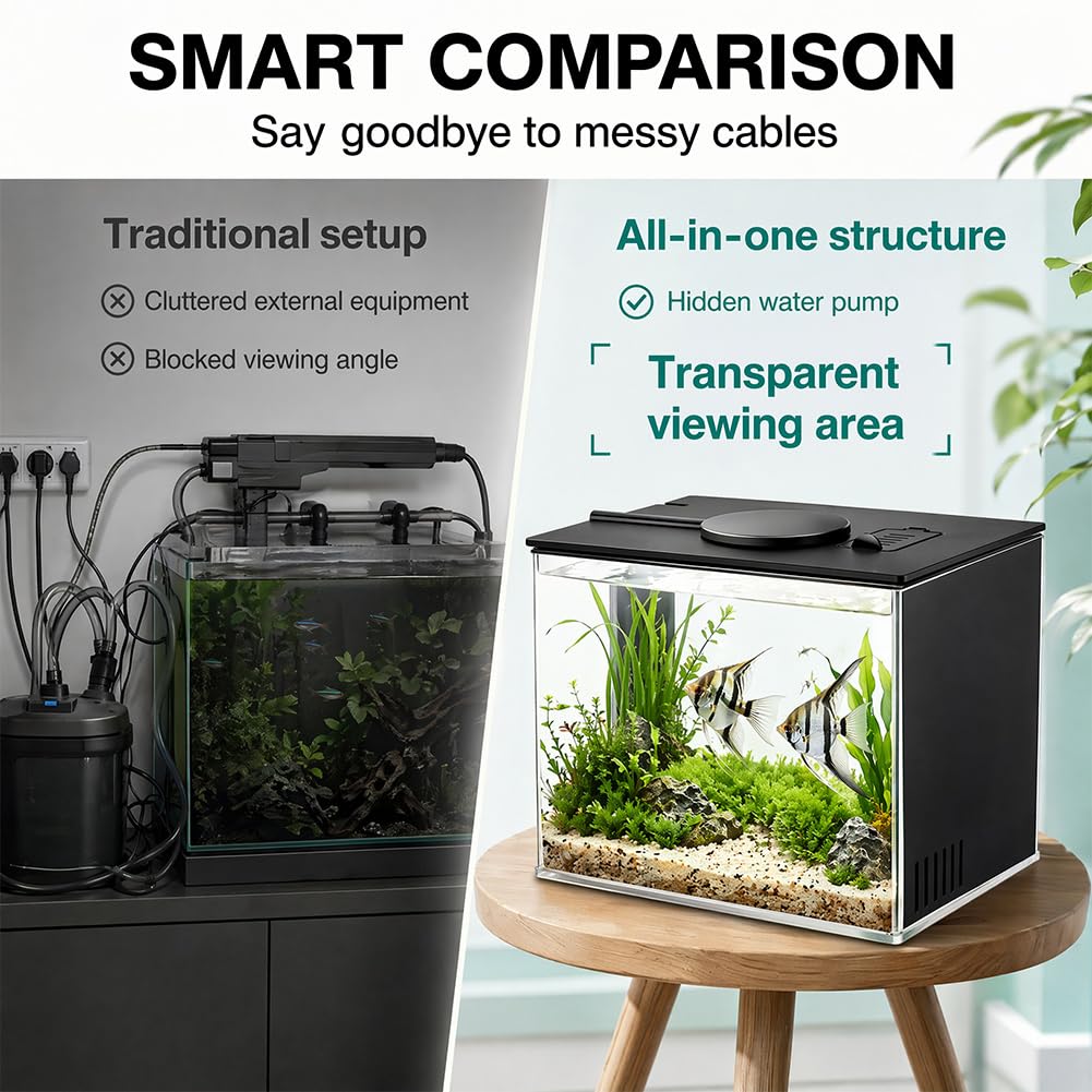 DASIAUTOEM Petit aquarium Betta complet 15 x 11 x 13 cm, mini aquariums en acrylique, aquarium, luminaires, nourriture pour poissons et système de filtration intégré, pour petits poissons, crevettes