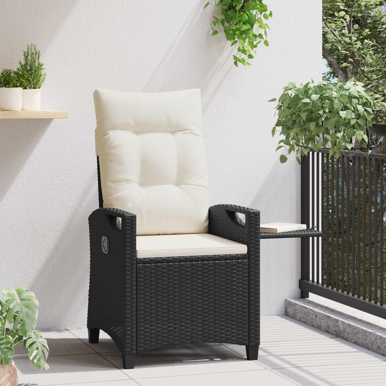 Krzesło ogrodowe regulowane, czarno-kremowe, polirattan, składany stół, 56 x 60 x 112 cm, odporny na warunki atmosferyczne, wygodny fotel ogrodowy na balkon i taras