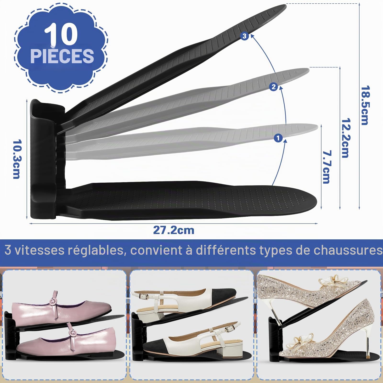 10PCS Support à Chaussures Réglables - Organiseur et Rangement Empilable - Gain de Place - Matériau PP Durable et Facile D'entretien (Noir)