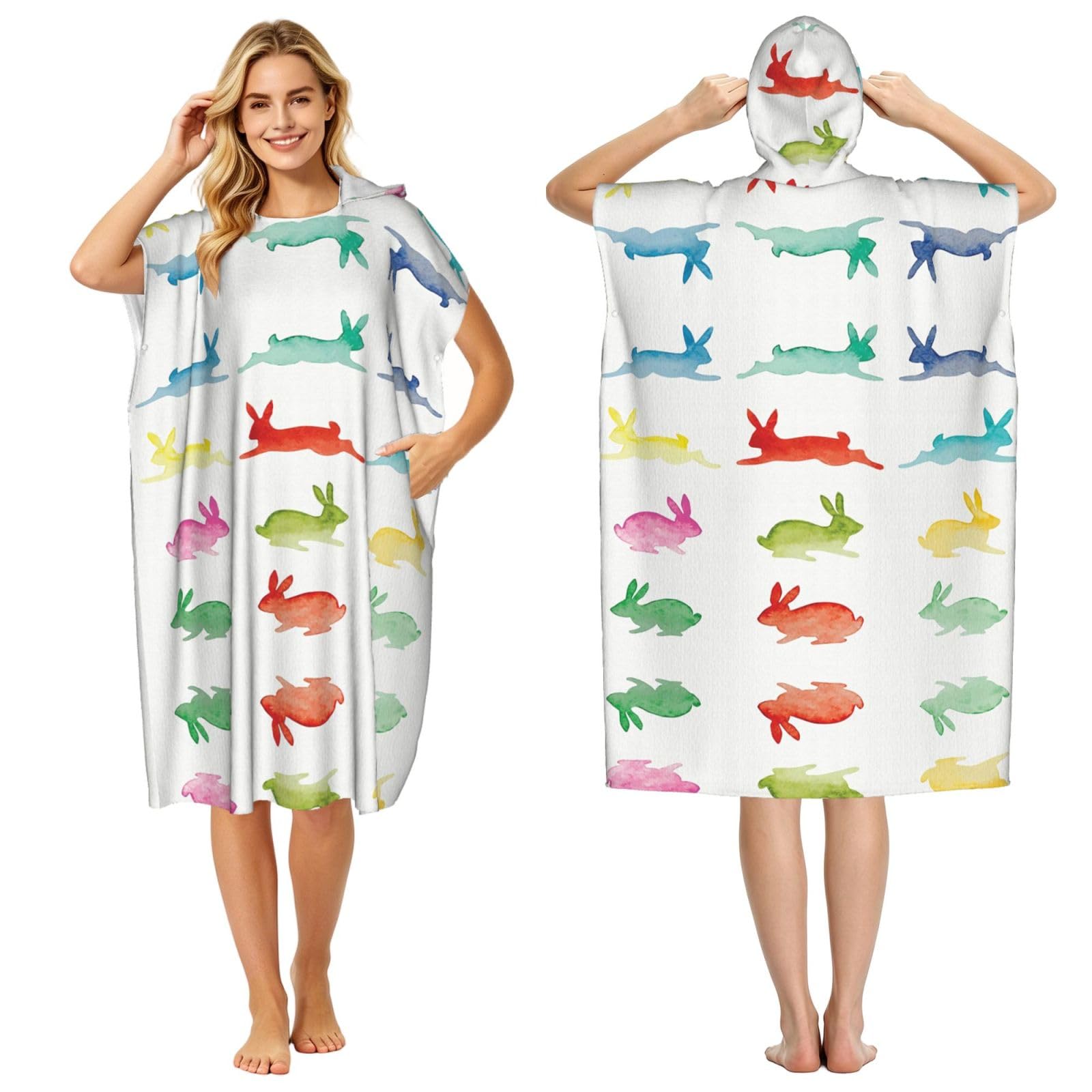 ESNAIUVCD Rainbow Rabbit Print Changing Robe, Hooded Towel Poncho For Swimming Pool, Beach,Quick Dry & Light Weight Towelling Poncho For Adults Women Men