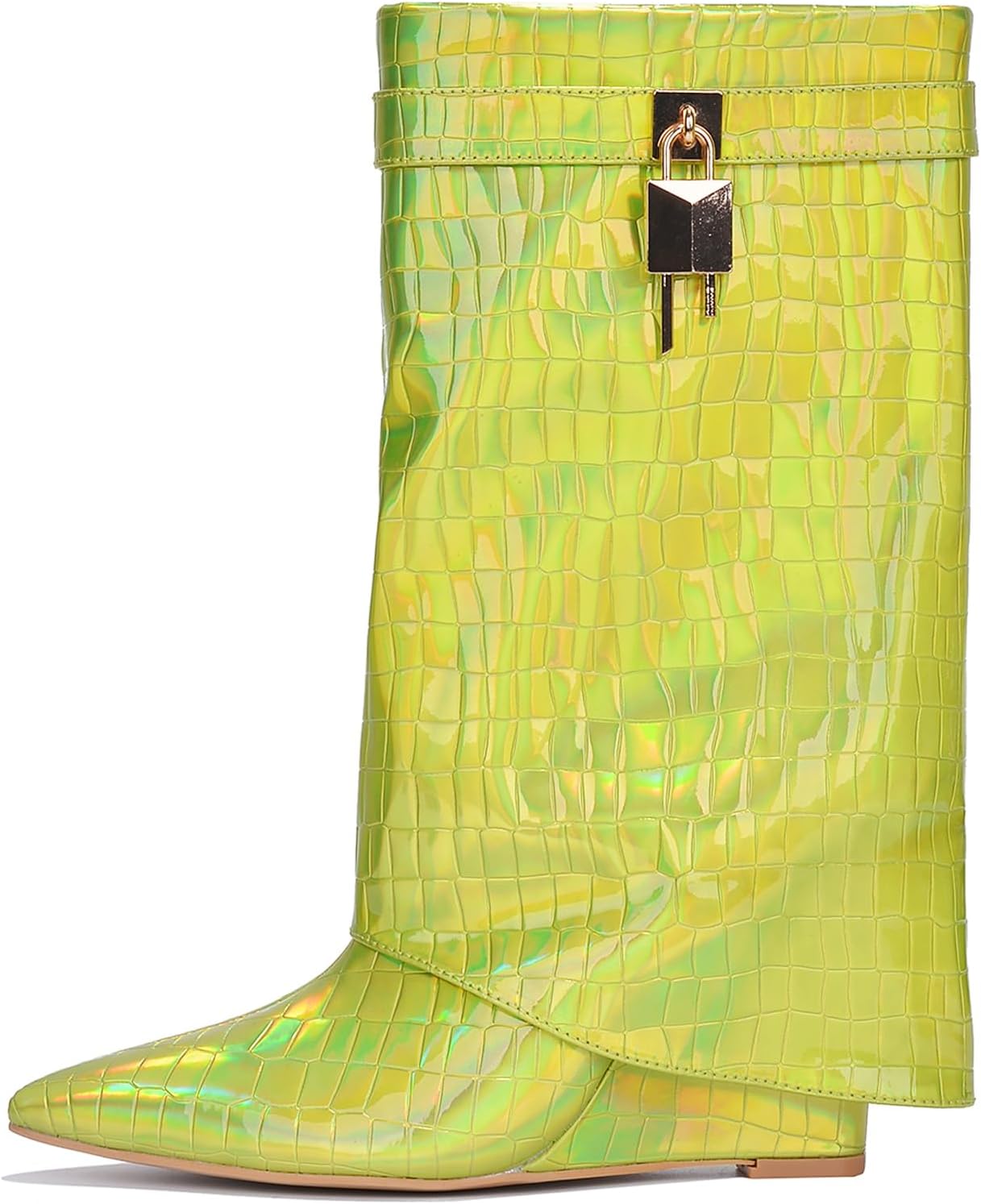 Cape Robbin Womens Lock Detail Zipper Clouser Pointed Toe Mid-Calf Wedge Boot Hadyn