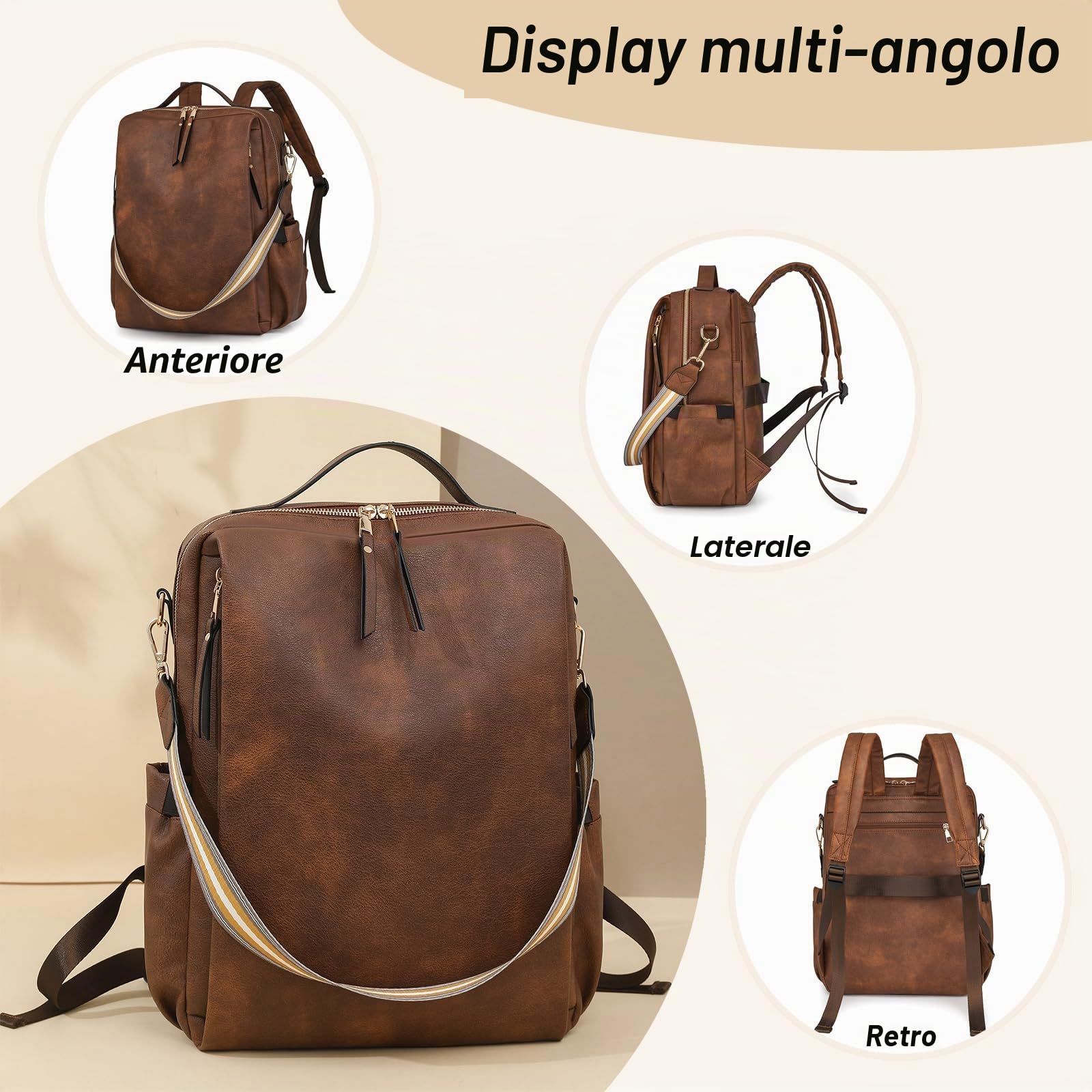 Zaino Porta Computer Donna in Pelle, Zaino in Pelle Donna per PC, Numerose Tasche e Scomparto Separato per Laptop, Ideale per Lavoro e Viaggio