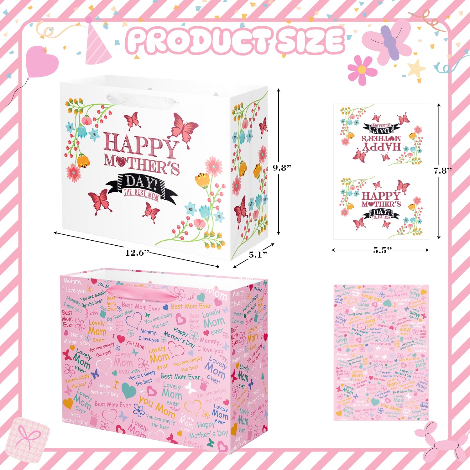 Lyforpyton 12.6" Medium Mother's Day Bag with Tissue Paper and Card for Mom, Grandma, Floral Gift Bags with Cards for Woman, Suitable for Mother's Day （ 2PCS ）