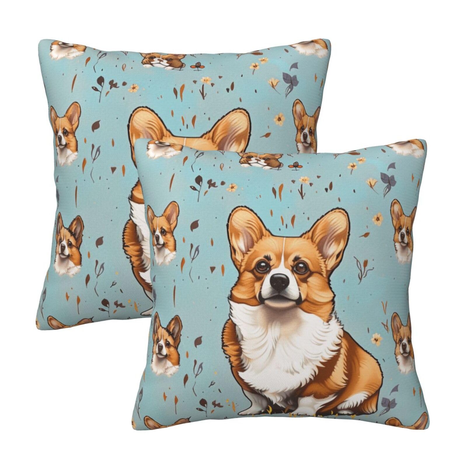 kkvhhyuo Corgi Print Pillow Covers Set of 2, Square Decorative Cushion Covers with Hidden Zipper, Throw Pillow Cases for Living Room Sofa Bed Chair, 45x45 cm
