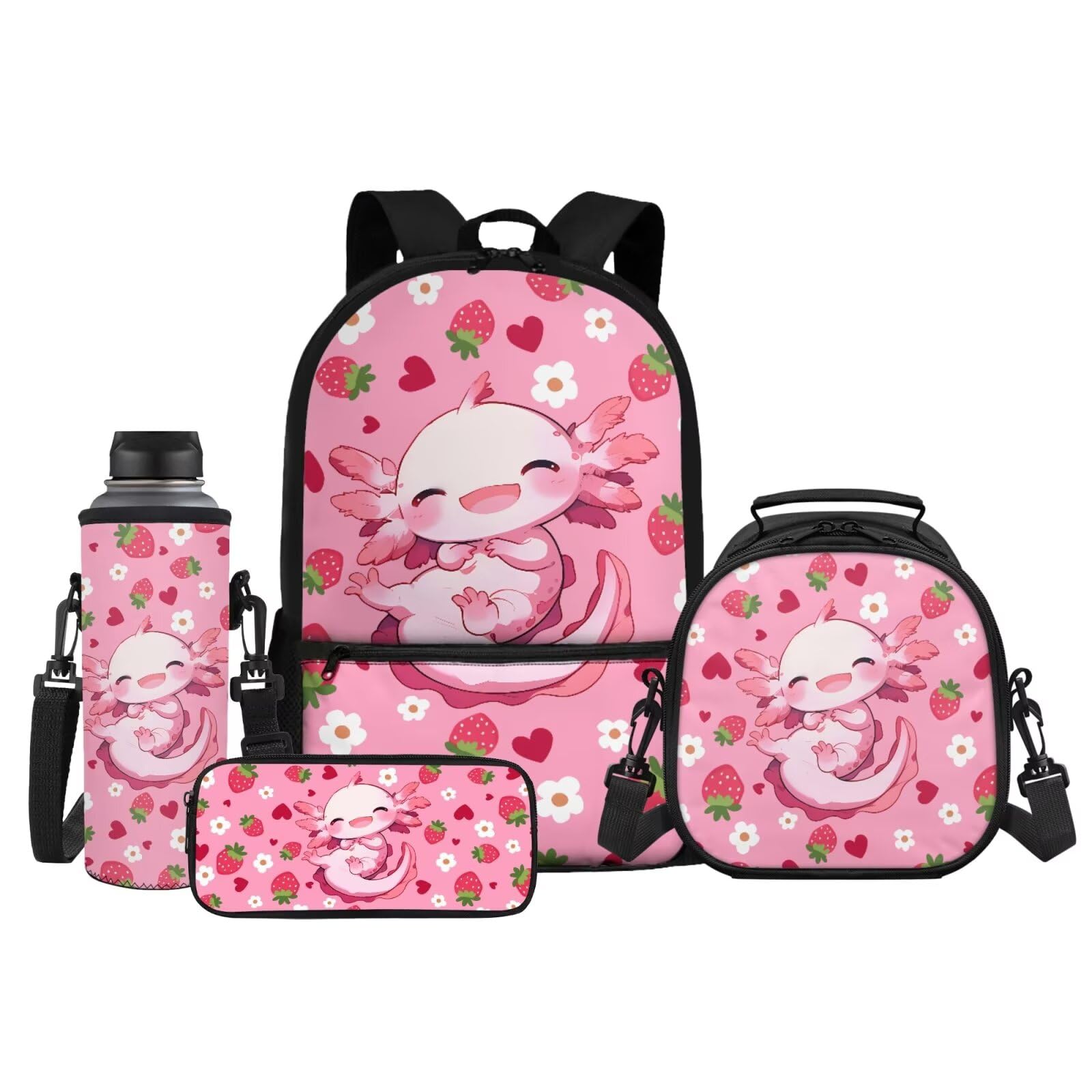 ZPINXIGN Axolotl Backpack for Girls Kids Bookbag 4-in-1 Set for Elementary & Middle School Pink Strawberry Design Backpack with Lunch Box, Pencil Bag,
