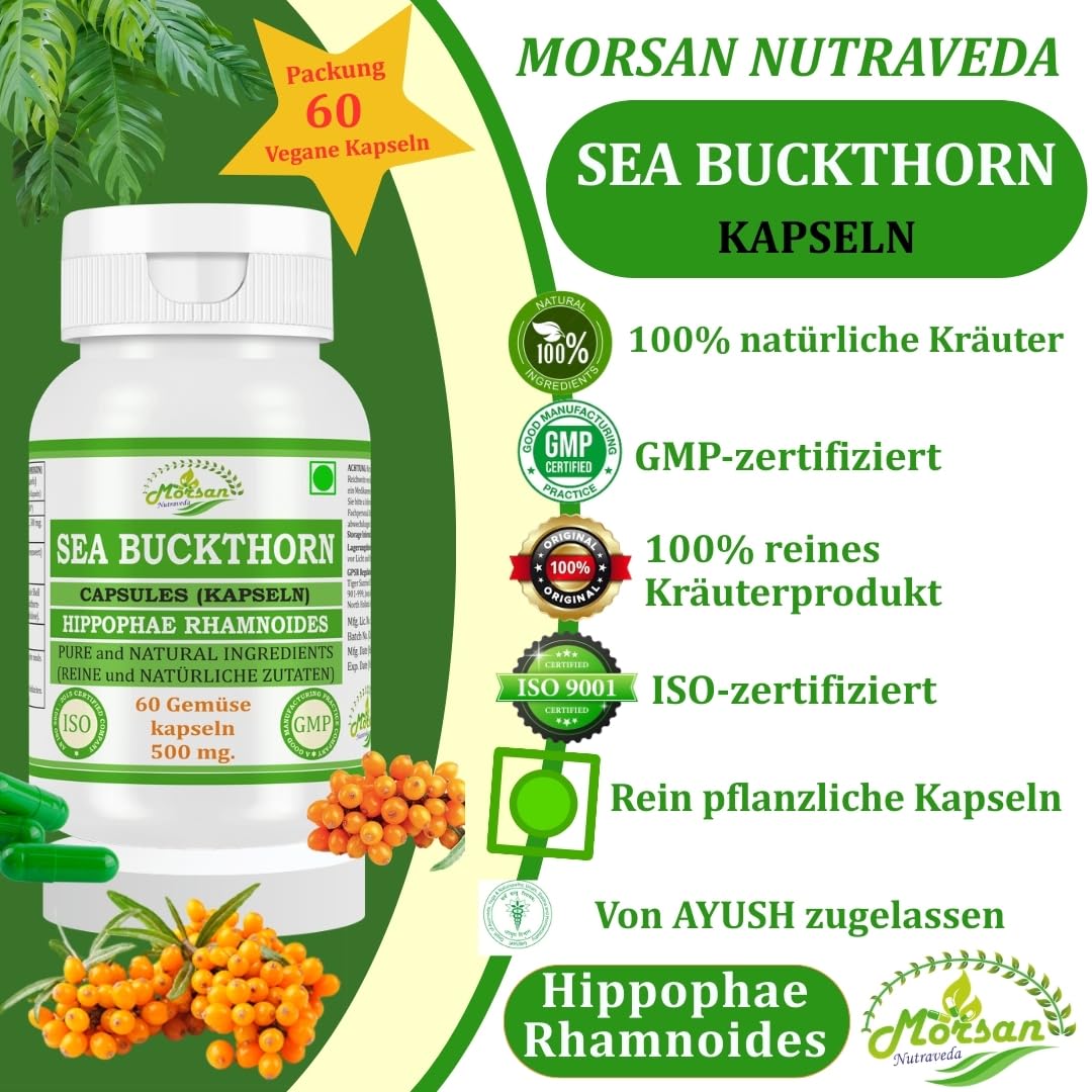 Sea Buchthorn-Kapseln 500 mg. 60 Veganer. Einheiten | Sea Buchthorn (Hippophae rhamnoides) Extrakt-Kapseln für Männer und Frauen | Ayurvedische Kräuterergänzung/Heilmittel (2 Flasche mit 60 Kapseln)