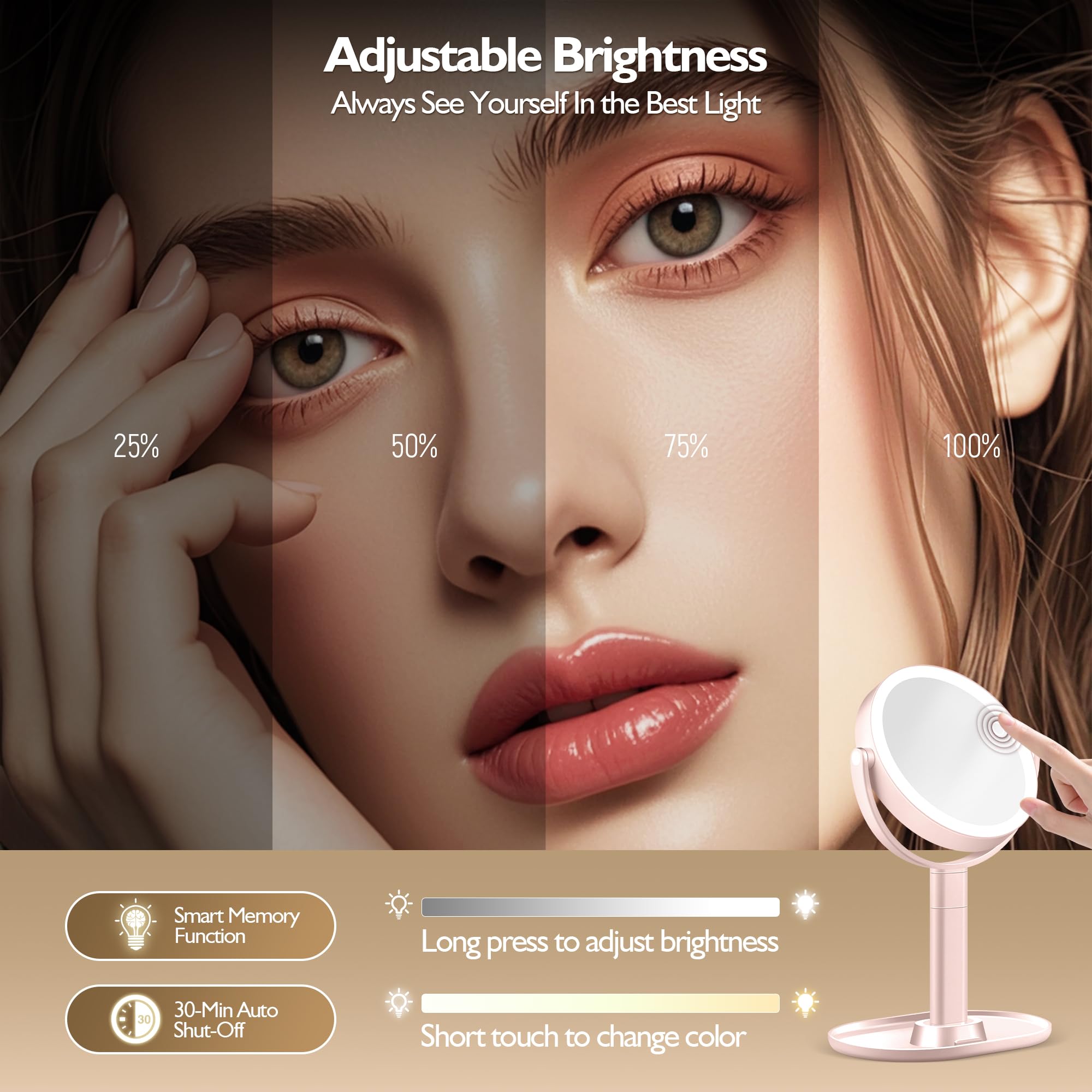 MOMOKUBA Specchio per il trucco con luci, specchio ingranditore a doppia faccia 1x/20x con luce, luci ricaricabili a 3 colori e luminosità regolabile, rotazione a 360° rimovibile (rosa)
