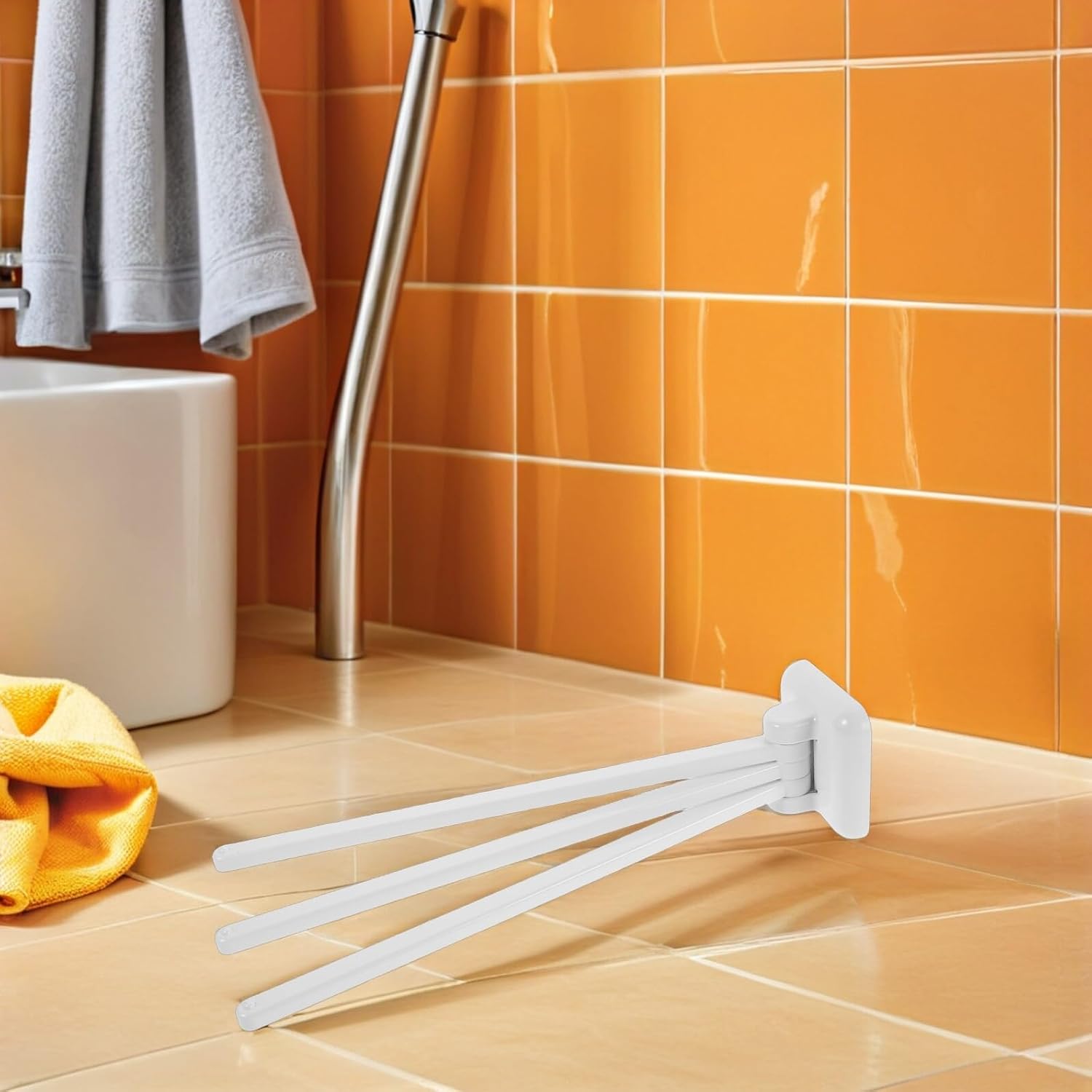 Uonlytech Swivel Towel Rack with 3 Swing Arms Space Saving Wall Mounted Bathroom and Kitchen Towel Holder White No-Drill Dish Rag