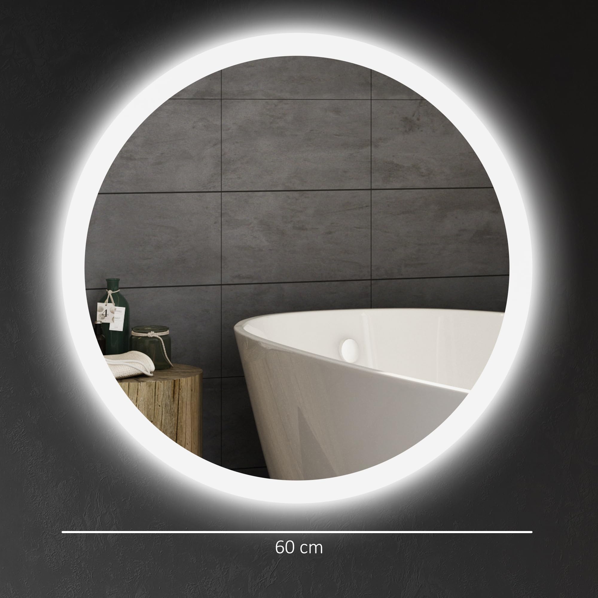 kleankin Miroir Rond Salle de Bain avec éclairage LED Ø 60 cm, Miroir Mural 29W avec Anti-buée, 3 Couleurs réglables, dimmable, Interrupteur Tactile, Fonction mémoire, Blanc et Argent