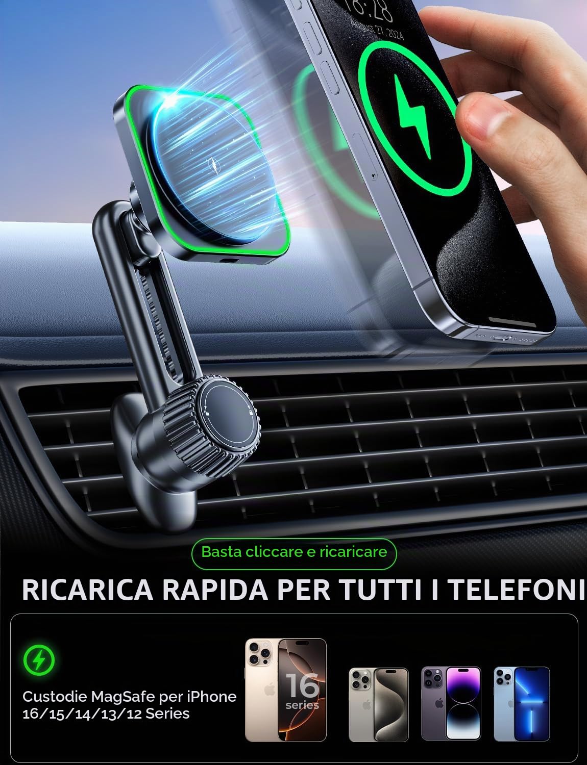 Caricatore Ricarica Wireless Auto 15W for Magsafe, Supporto Magnetico Telefono Auto Wireless，Porta Cellulare Auto Ricarica Wireless per iPhone 12/13/14/15 Pro/Max/Plus/Mini serie