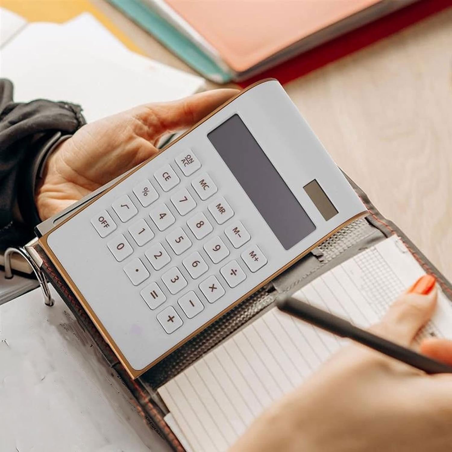 calculadora, Escritorio Ultra Fino Bordes Dorados mostrador básico Suministros de Oficina Juguete matemático