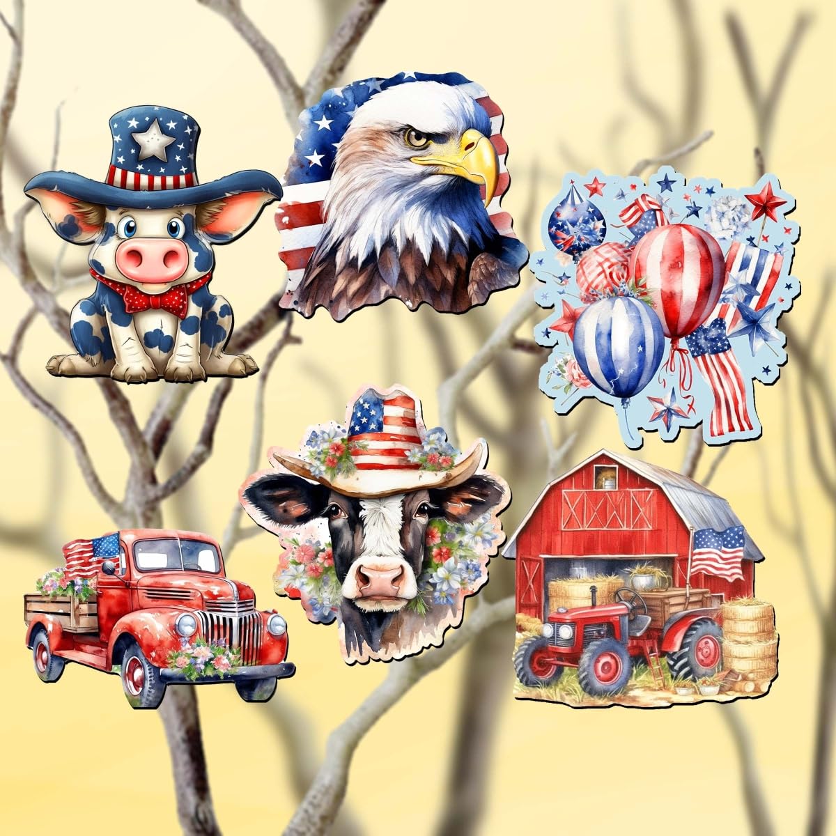 2 x 2 x 0.25 in. American Flag Decorative Wooden Clip-on Ornaments Patriotic Decor Set of 6