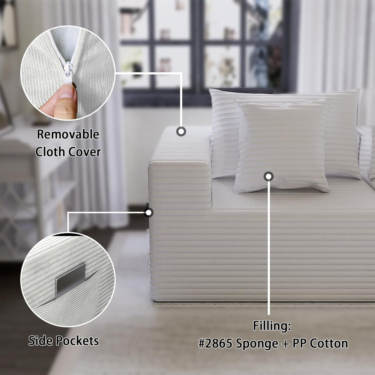 Modular Sectional Sofa, Deep Seat Cloud Couch with Throw Pillows, Fluffy Comfy Boneless Couch Freely Convertible Memory Foam Sofa for Living Room, Apartment, Bedroom (White Loveseat)