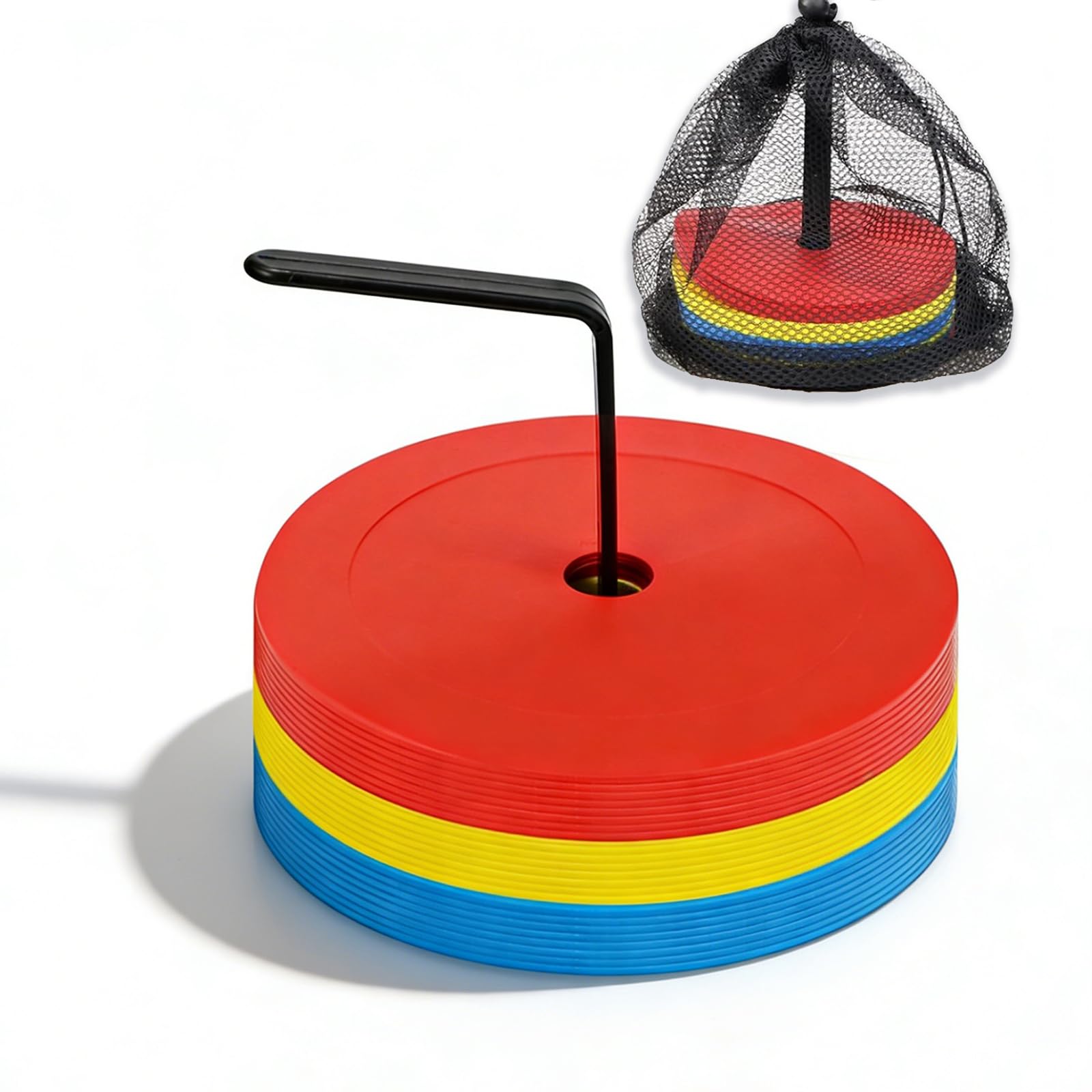 24er Set Markierungsscheiben 15cm Hütchen Fussball Flach mit Organizerhalter rutschfeste Floormarker Spielfeldmarkierung Bodenmarkierung Trainingszubehör für Fußball, Basketball, Handball