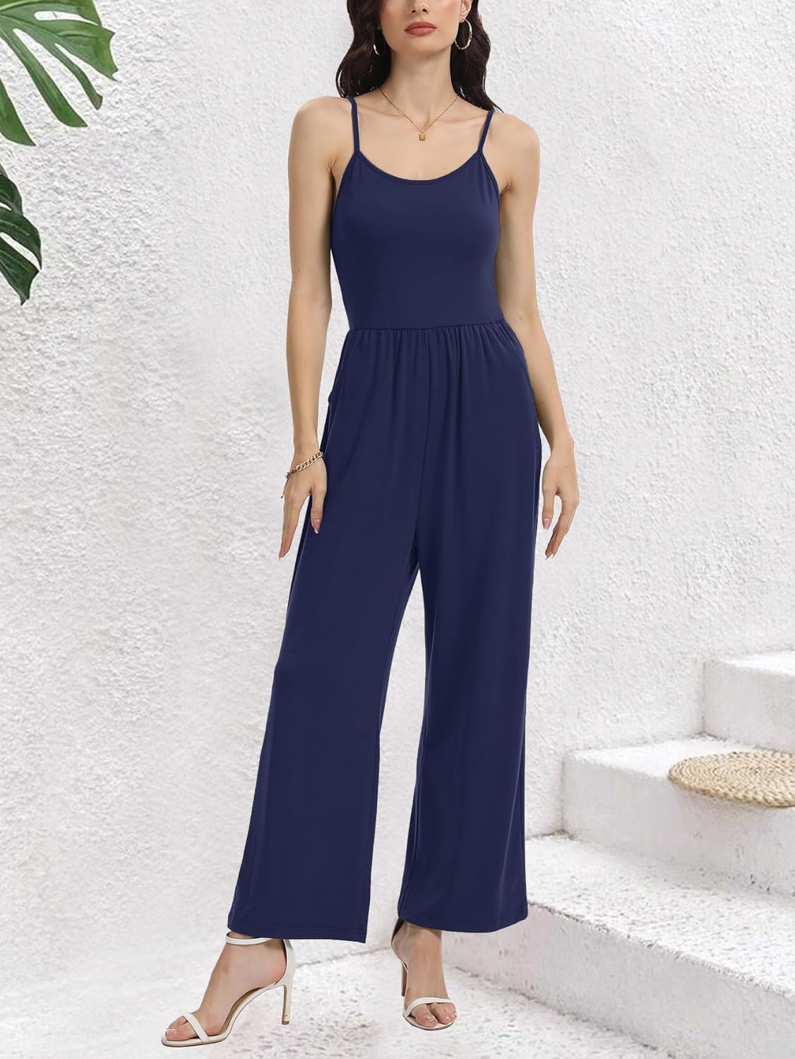 AUXDIO Women's Casual Sleeveless Jumpsuits One Piece Spaghetti Strap Crew Neck 2025 Wide Leg Pant Romper with Pocket - Image 3