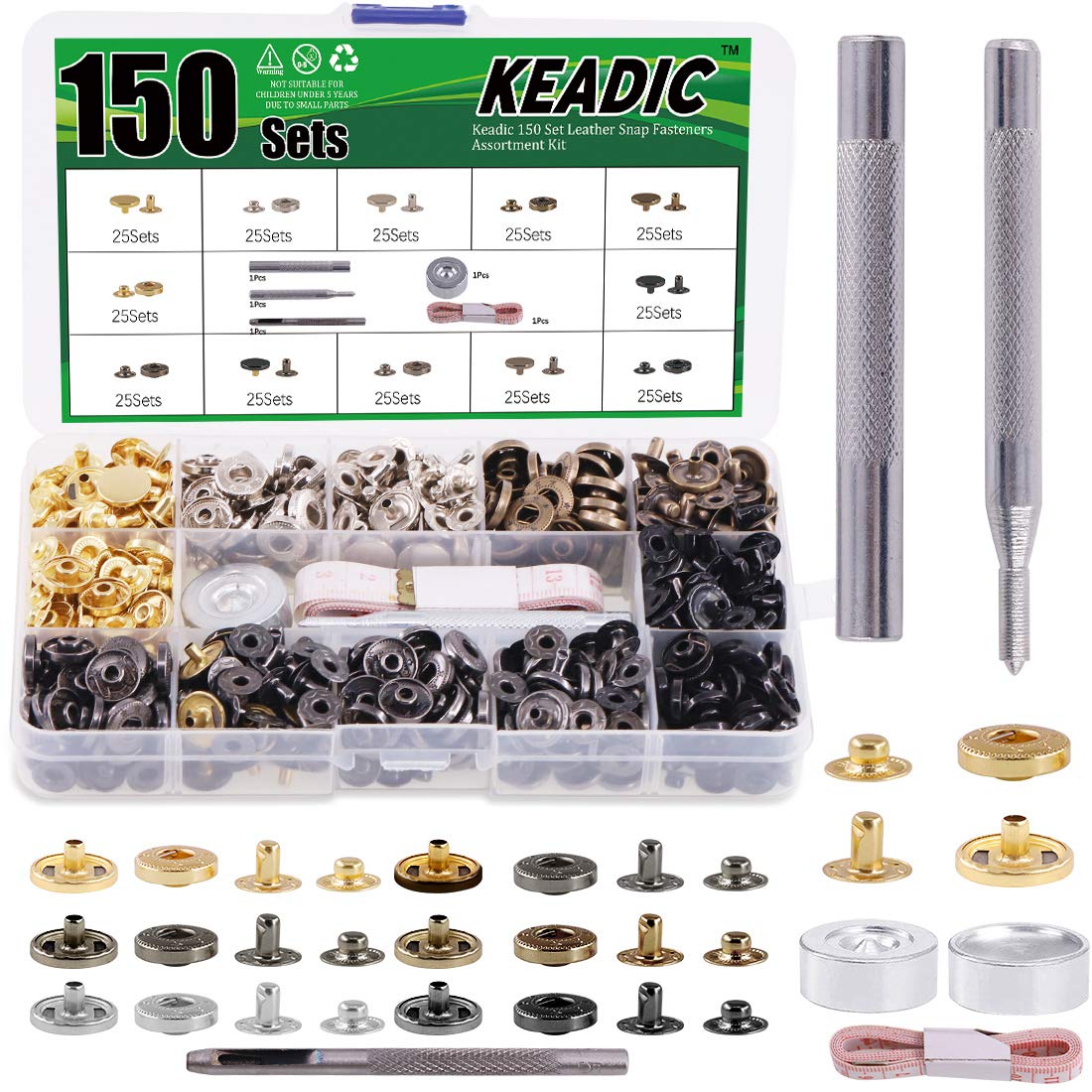 Keadic 150 Set Leather Snap Fasteners Assortment Kit with 4 Installation Tools and 1 Tape Measure, 6 Colors Leathercraft Rivets for Clothes, Jackets, Jeans Wears, Bracelets, Bags