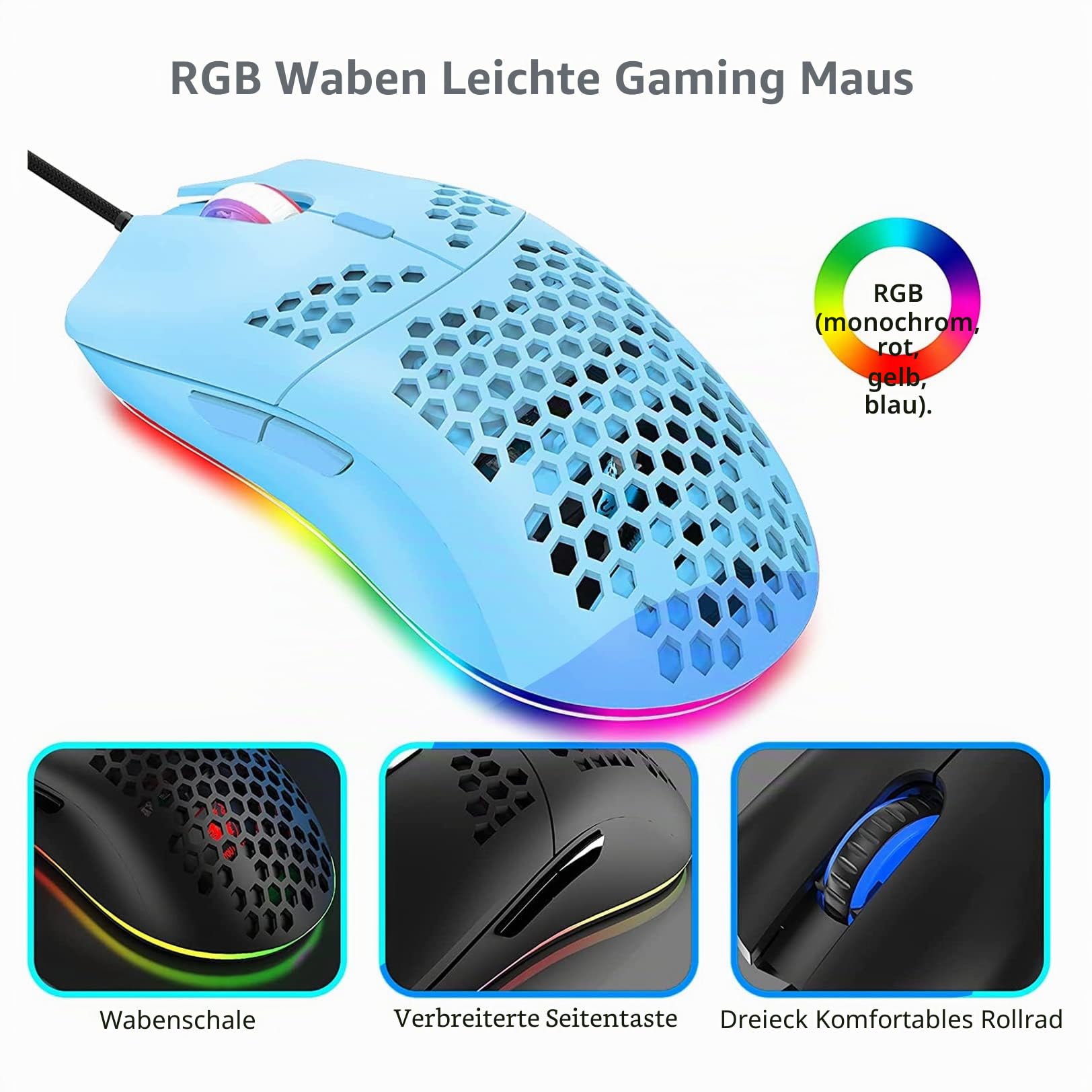 Tastatur und Maus Gaming Set, 68 Tasten Blauer Schalter 60% Mini Eisblaue Backlit Mechanische Tastatur Weiß, 6400DPI Leichte Programmierbar Maus Grün, USB-Kabel, Kompatibel mit Windows Mac PS4