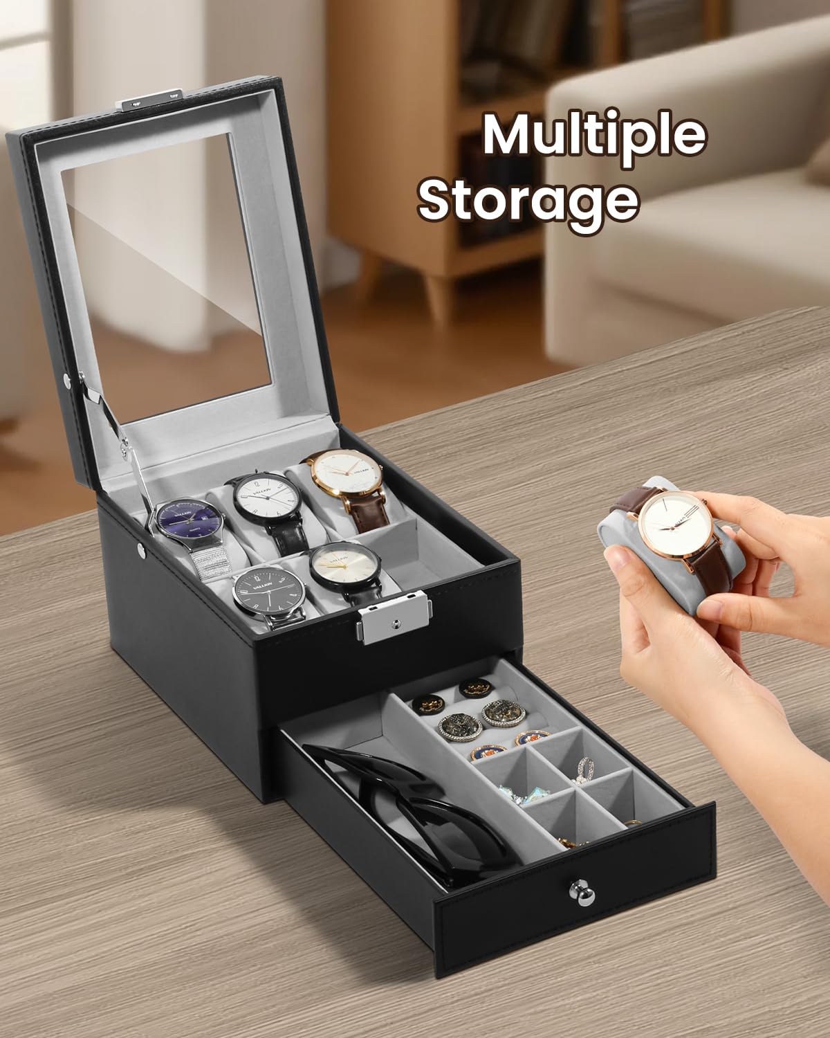 Uten Boîte à Montres 6 Compartiments 2 Niveaux - Coffret En PU Avec Couvercle Verre