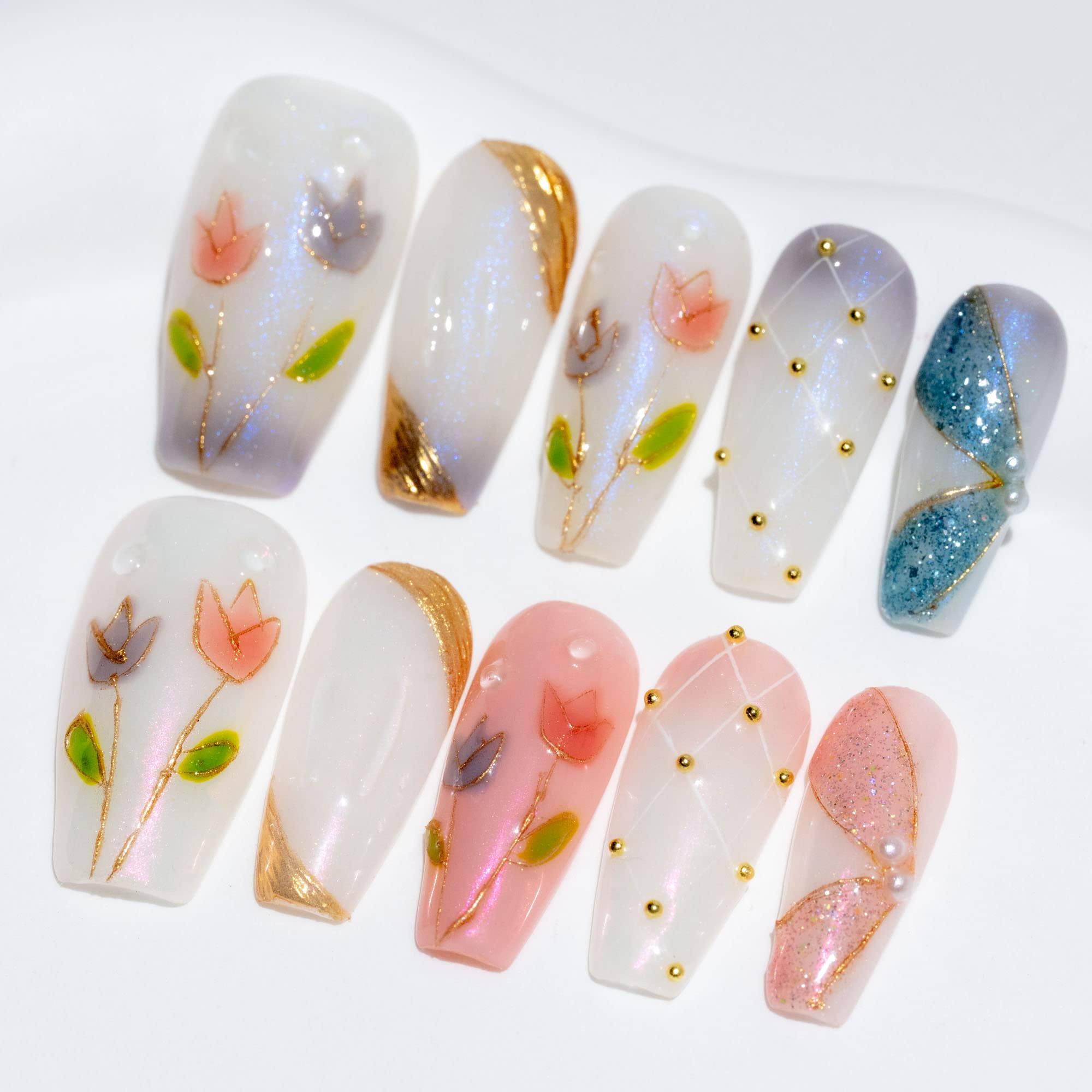 Sun&Beam Nails Handmade Long Coffin Ballerina White Pink False Nail Tips with Cute 3D Gold Pearl Popular Charm Design Press On Nails 10 Pcs (#56 L)