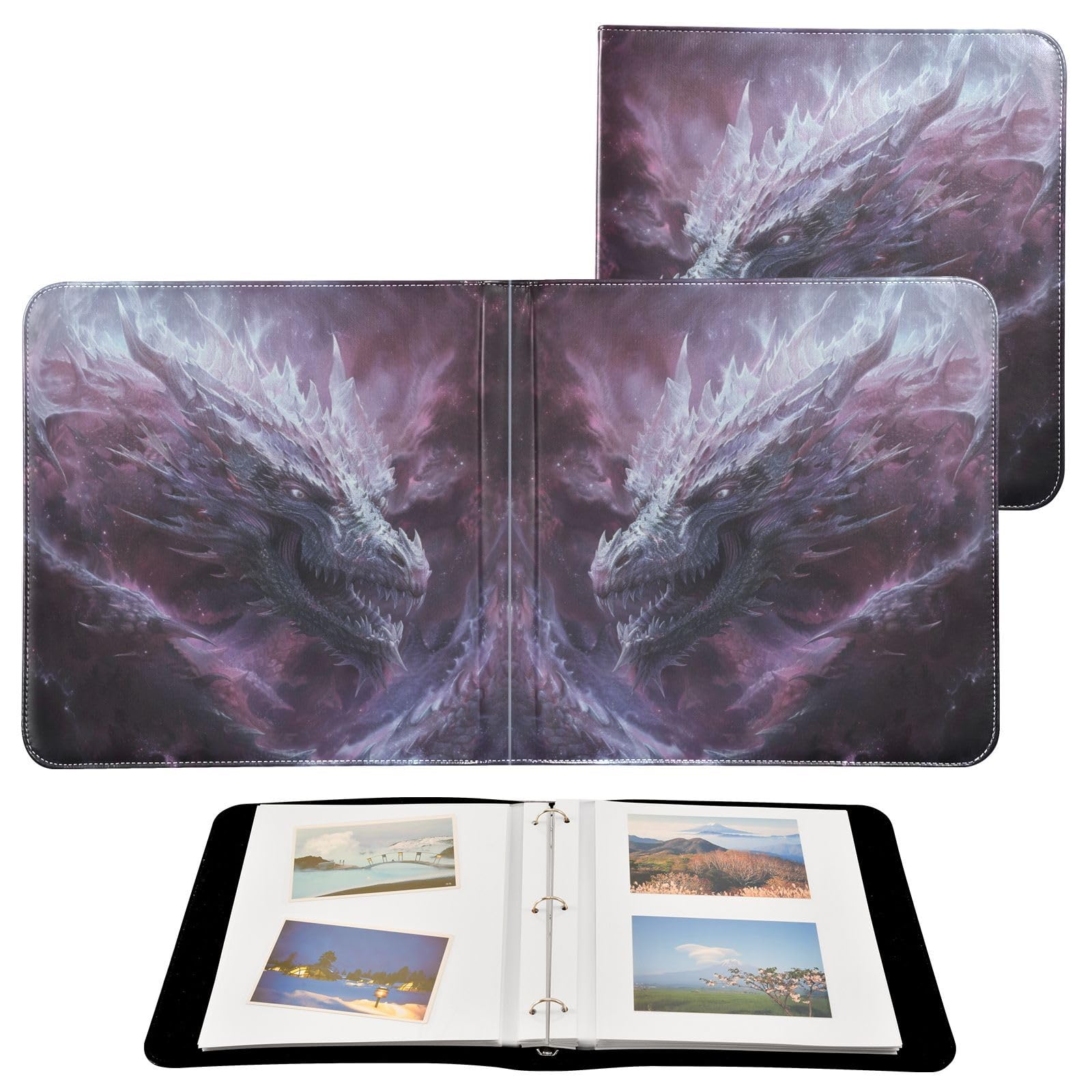 JIPONI Purple Magic Dragon Large Photo Album, DIY Leather Cover Scrapbook Albums for 4x6 5x7 6x8 Pictures, Self Adhesive Memory Book for Wedding, Baby, Family
