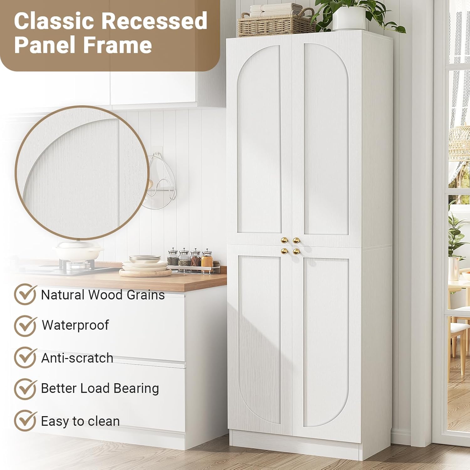 Cyclysio 80" Kitchen Pantry, Extra Tall Arch Storage Cabinet with 4 Doors and Adjustable Shelves, Freestanding Wood Cupboard with Seamless Fit Wall for Dining Living Room Bathroom Furniture