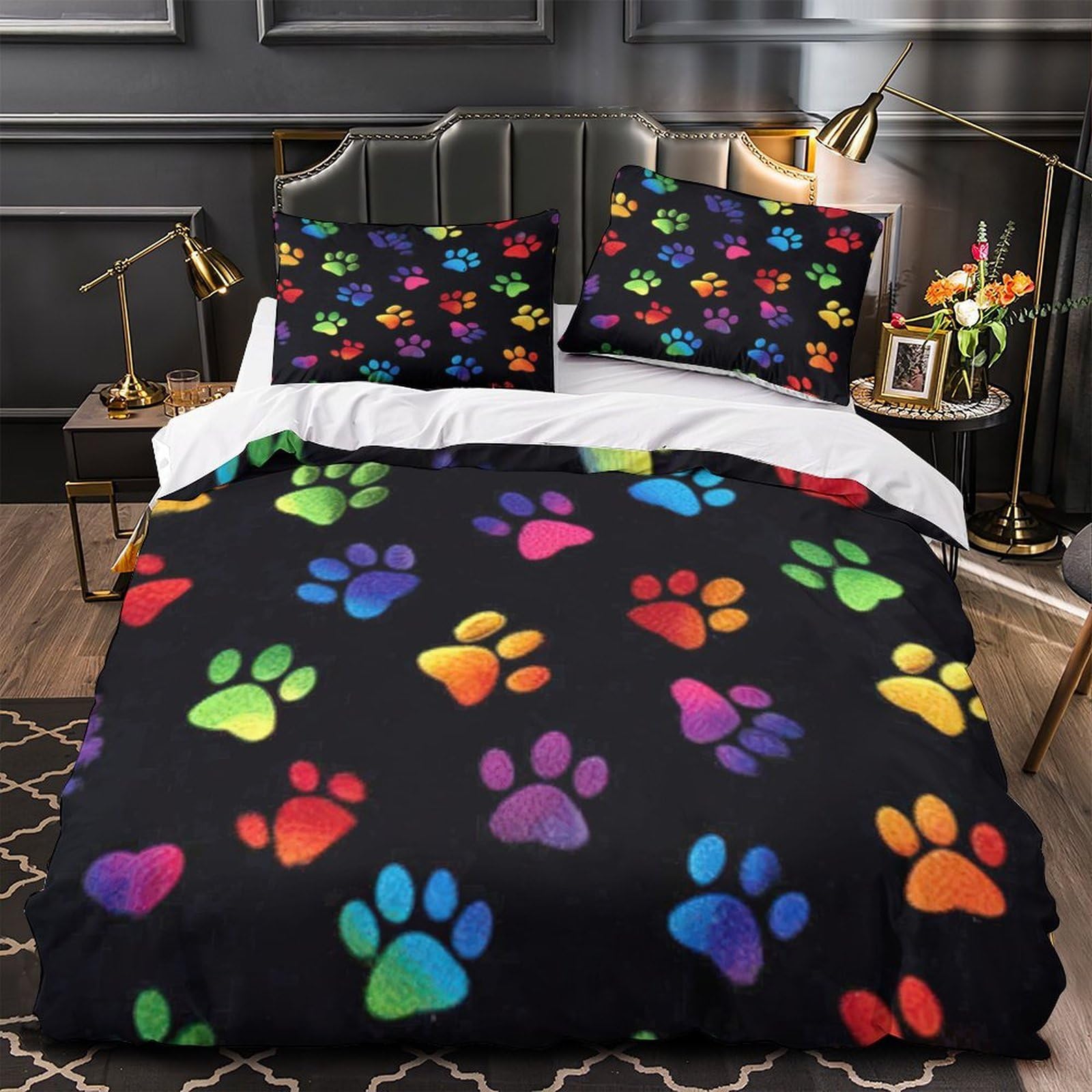 MMDASBVPE Rainbow Paw Prints Comforter Cover 3D Print Hypoallergenic 3PCs Bed Linen Hidden Zipper Quilt Cover Extra Soft All Season for Teens Youth Adults Women Kids Boys Single（135x200cm）