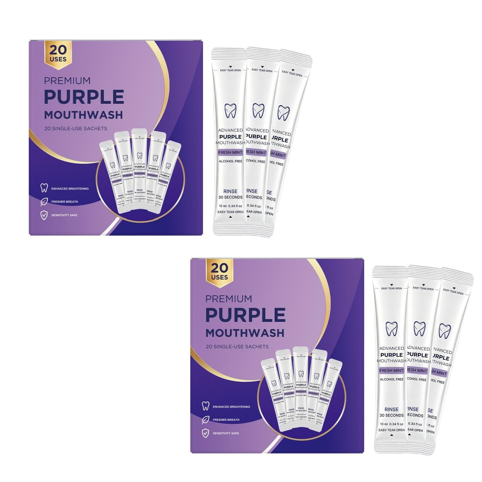 Collutorio viola 20 sacchetti senza alito fresco formato viaggio | Sapore menta fresca, rinfresca l'alito. Formato portatile, delicato sui denti sensibili.