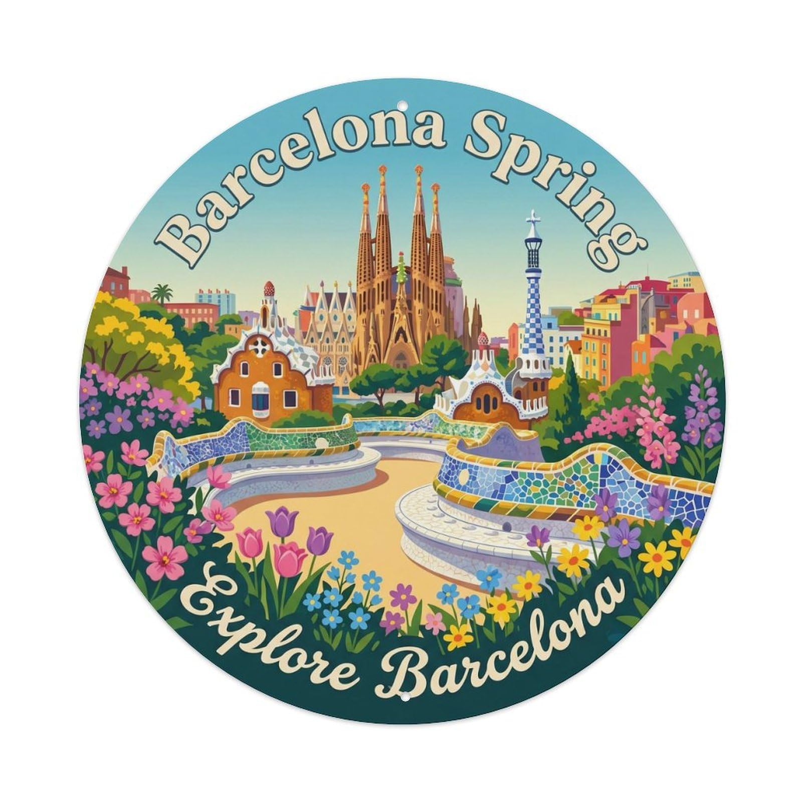 Vintage Travel Barcelona Spring Catalan Explore Metal Tin Sign Plaque Wall Decor for Cafe, Club, Garden Round Metal Poster 8x8Inch
