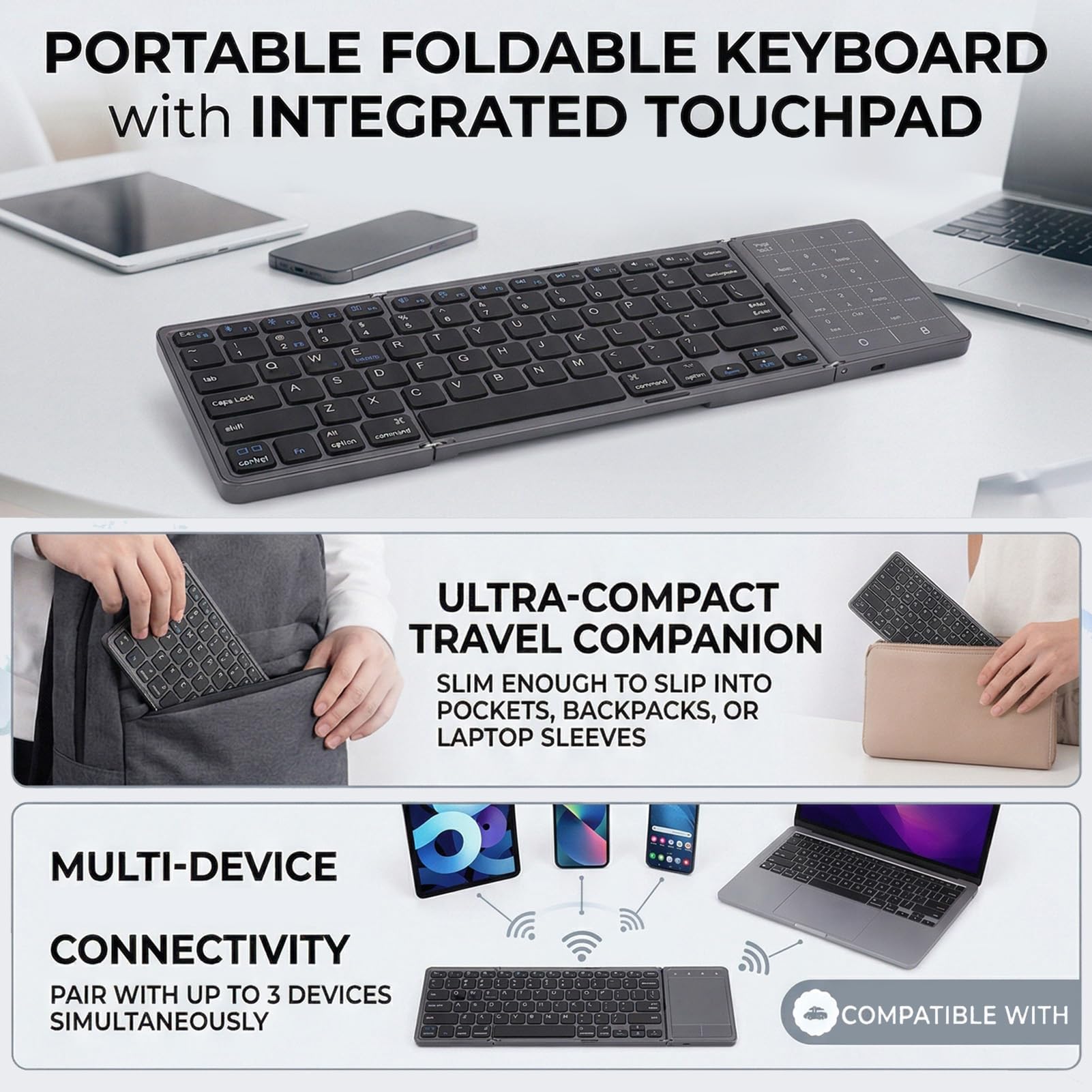 Tastiera Bluetooth Pieghevole con Touchpad, Tastiera Portatile Ultra Sottile Ricaricabile di Dimensioni Standard per Viaggi, Tastiere Wireless Pieghevoli per Smartphone