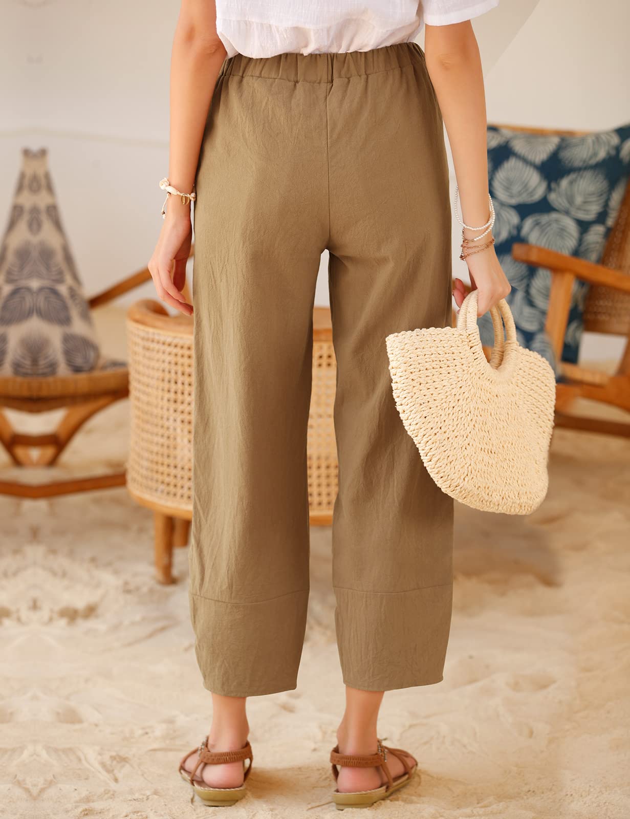 Yuson Girl Pantaloni Donna Pantaloni Estivi Donna Leggeri Pantaloni Larghi Lino Vita Alta Pantalone con Tasche Pantaloni di Svago Panno di Lino da con Fascia Elastica