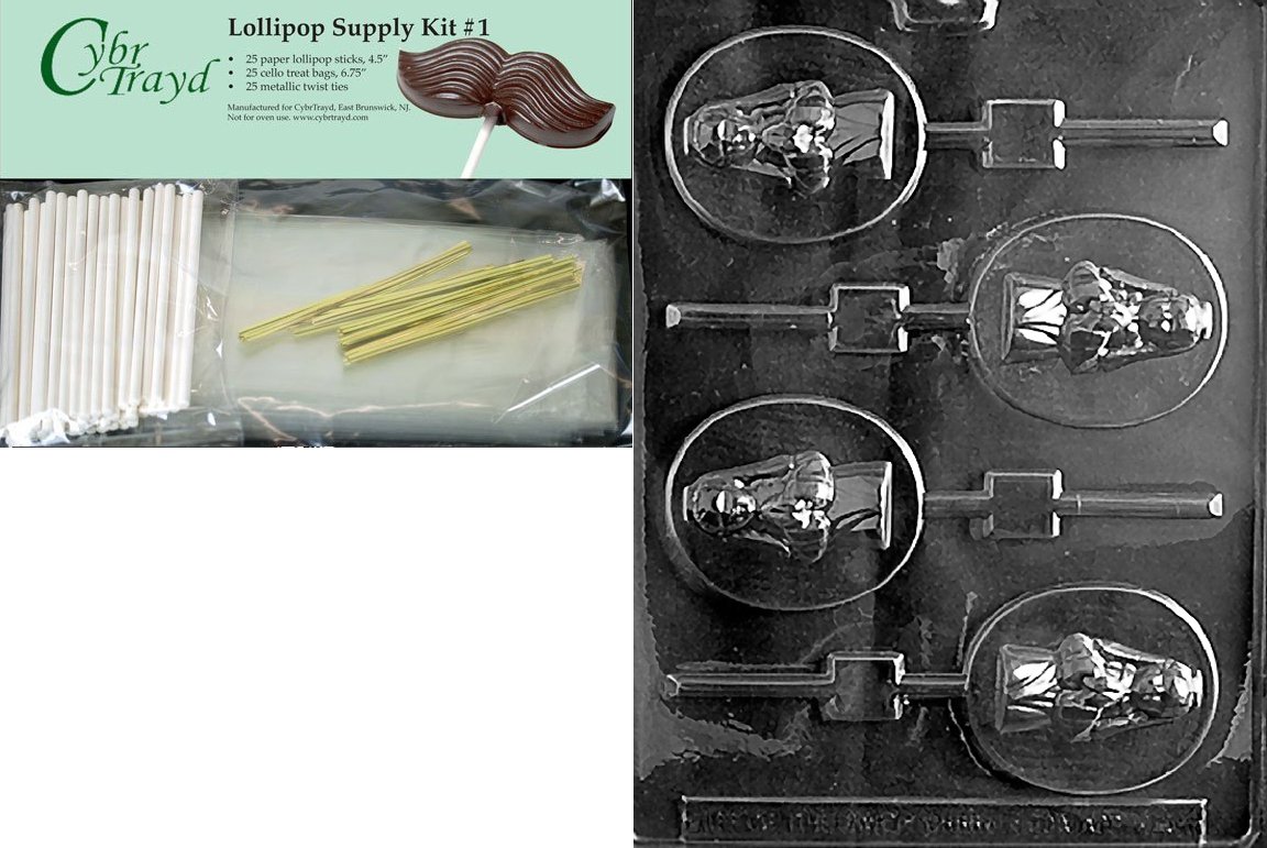 Cybrtrayd Girl Communion Lolly Chocolate Candy Mold with Lollipop Supply Bundle, Includes 25 Sticks, 25 Cello Bags, 25 Gold Twist Ties and Exclusive Cybrtrayd Copyrighted Chocolate Molding Instructions