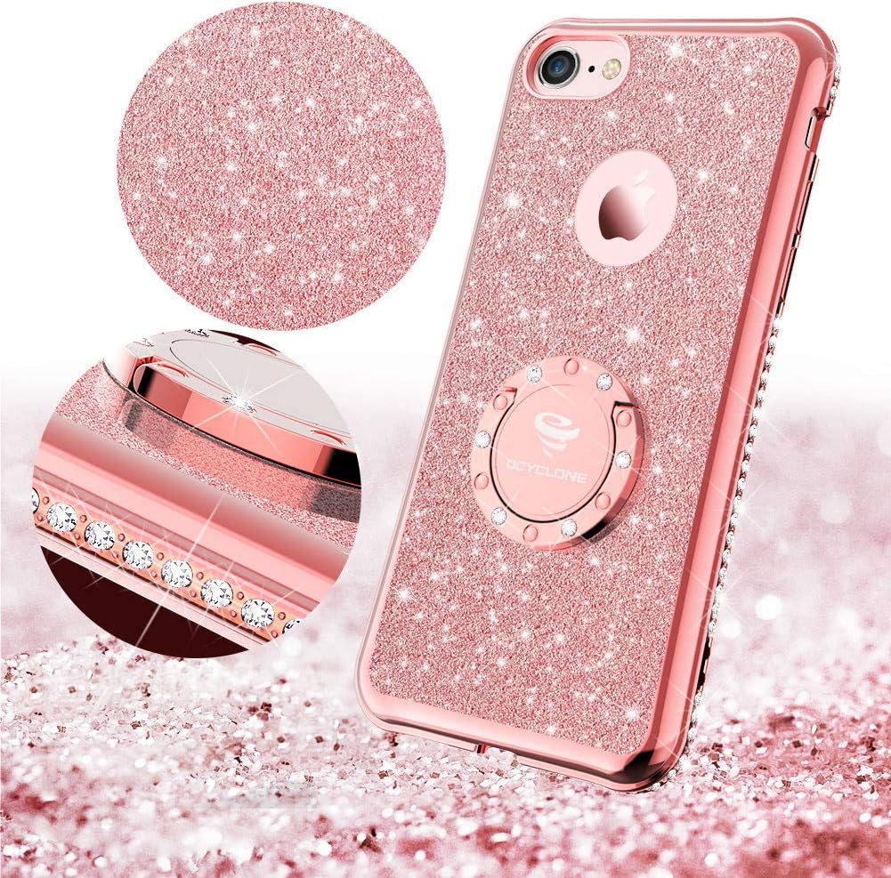 Cute iPhone 8 Case, Cute iPhone 7 Case, Glitter Luxury Bling Diamond Rhinestone Bumper with Ring Grip Kickstand Protective Thin Girly Pink iPhone 8 Case/iPhone 7 Case for Women Girl - Rose Gold Pink