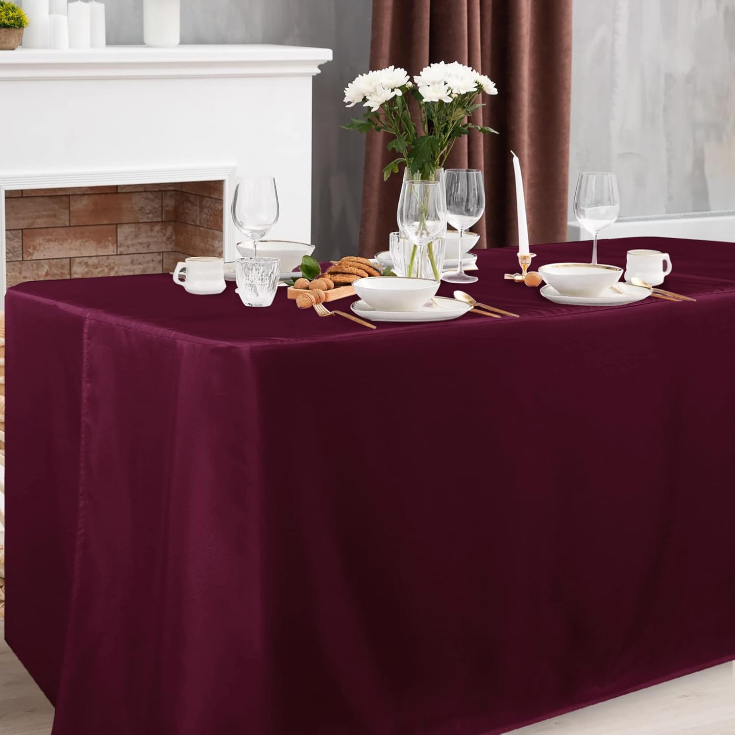 Obstal 2 Pack Fitted Table Covers for 8 Foot Tables - Water Resistant Washable Fabric Polyester Rectangle Table Cover Protector for Wedding, Banquet and Trade Shows, 96L x 30W Inches, Burgundy