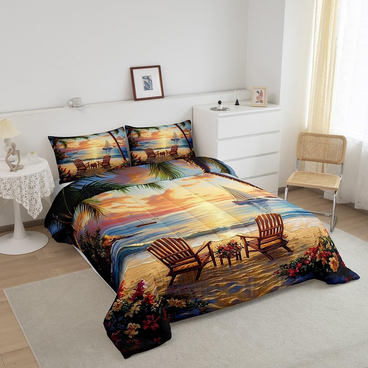 Sea Beach Kids Bedding Comforter Set Toddler Size,Tropical Leaves Seaside Travel Bedding Sets All Season,Dreamy Sunset Sky Bedroom Quilt Set,Summer Ocean Landscape Duvet Insert,1 Pillowcase