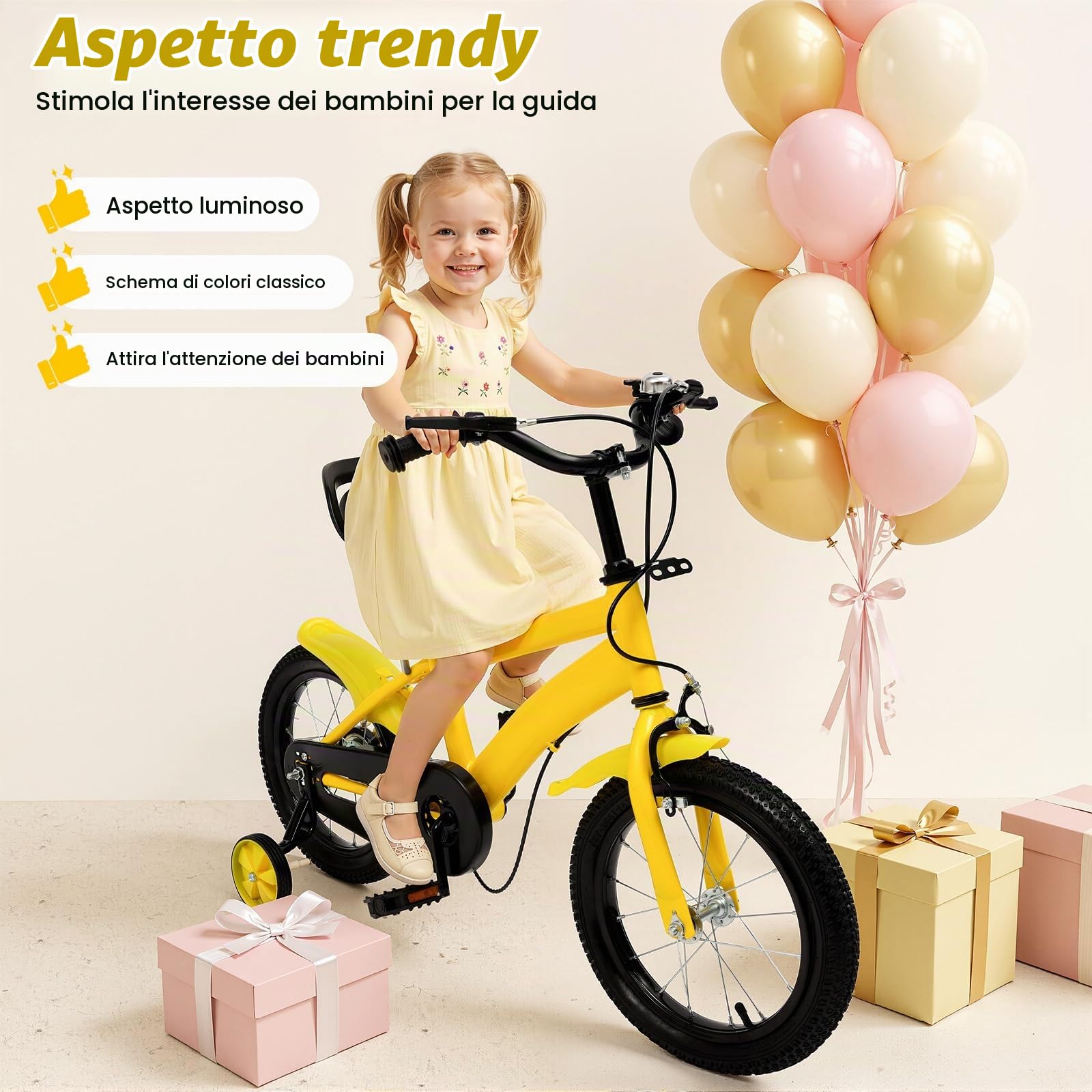 Bicicletta per bambini da 14 pollici regolabile in altezza, a partire dai 3 anni, bicicletta sicura con rotelle stabilizzatrici e sistema a doppio freno, per ragazzi e ragazze, perfetta per