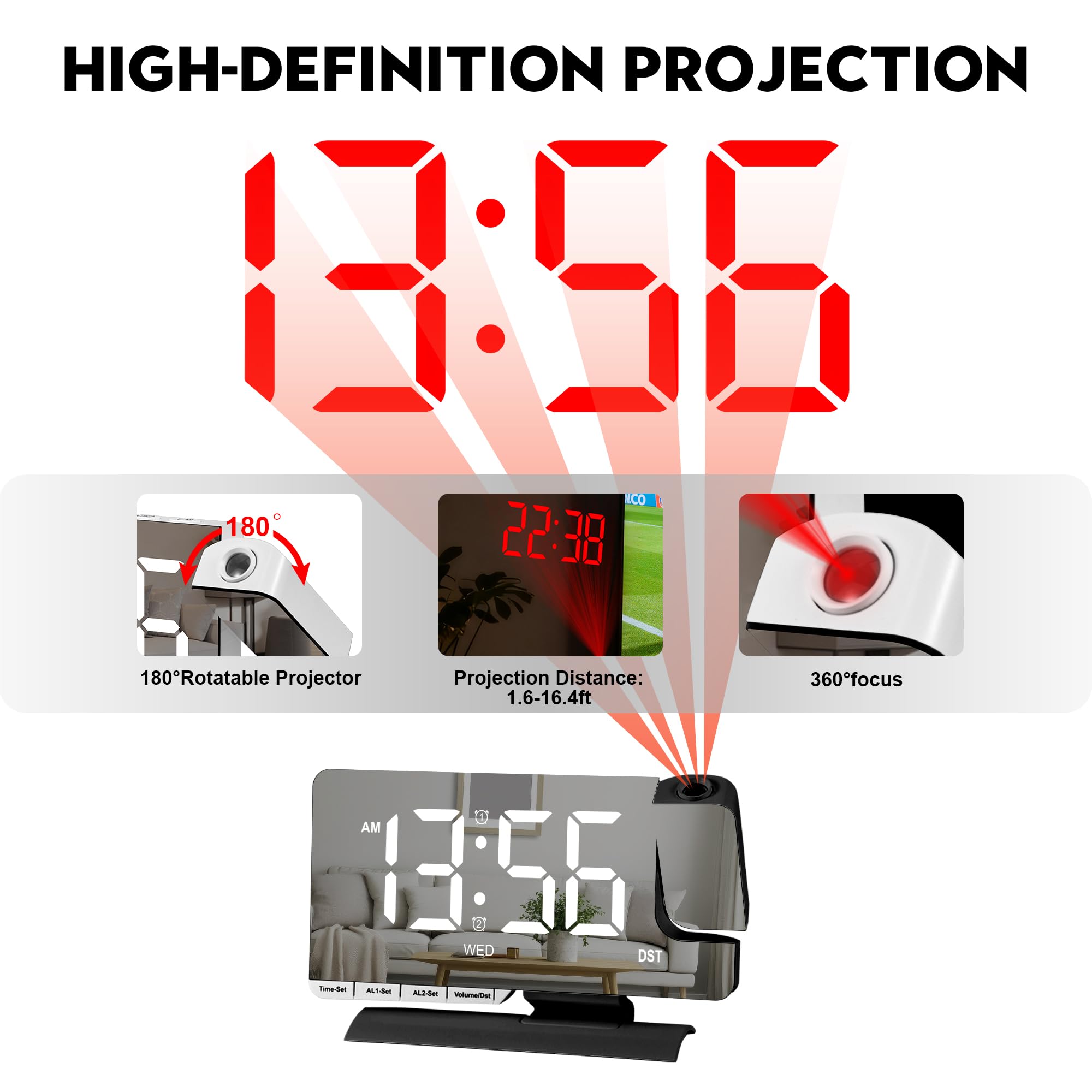 Amgico Reloj despertador de proyección, reloj digital con proyección, reloj de espejo de 7.3 pulgadas con proyector giratorio de 180°, alarma dual con 3 modos, ajuste brillante, DST, repetición