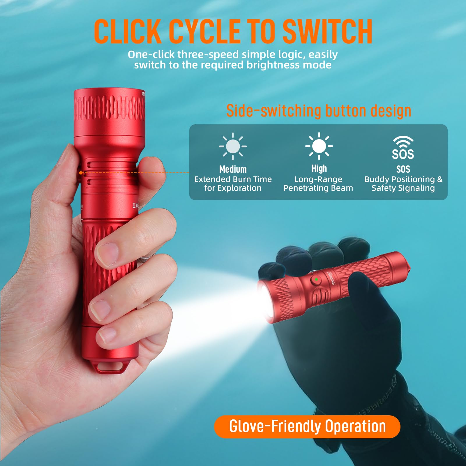 ORCATORCH ORCA7 Torcia Subacquea 3000 Lumen, Fascio da 6° Ntorcia Subacquea con SOS, Impermeabile IP68 Fino a 150 m per Immersioni Notturne, Esplorazioni di Grotte e Attrezzature Tecniche (Rosso) - 4